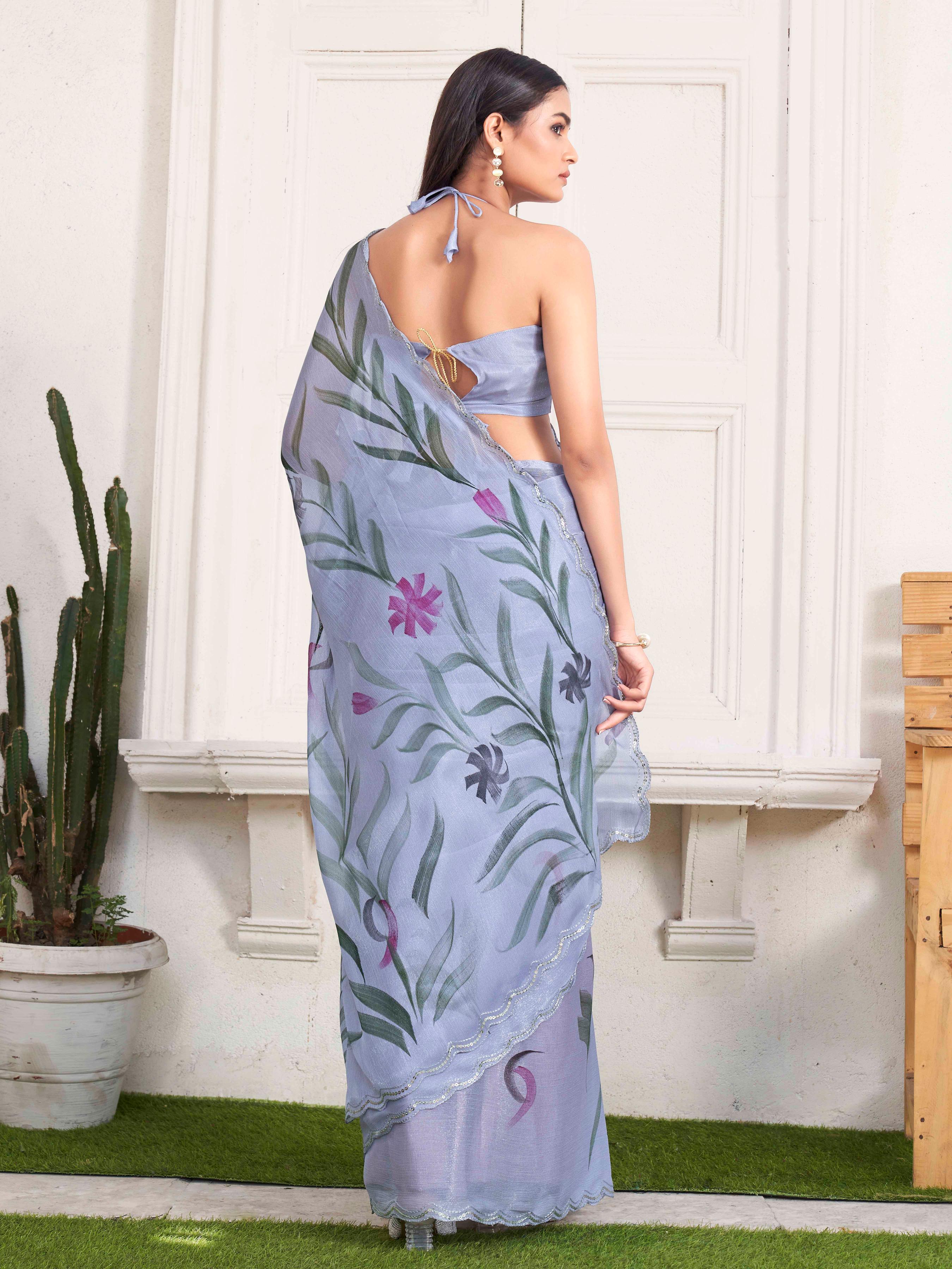 Light grey Colored Polyester Saree with Hand Print and Scalloped Border with Unstitched Blouse