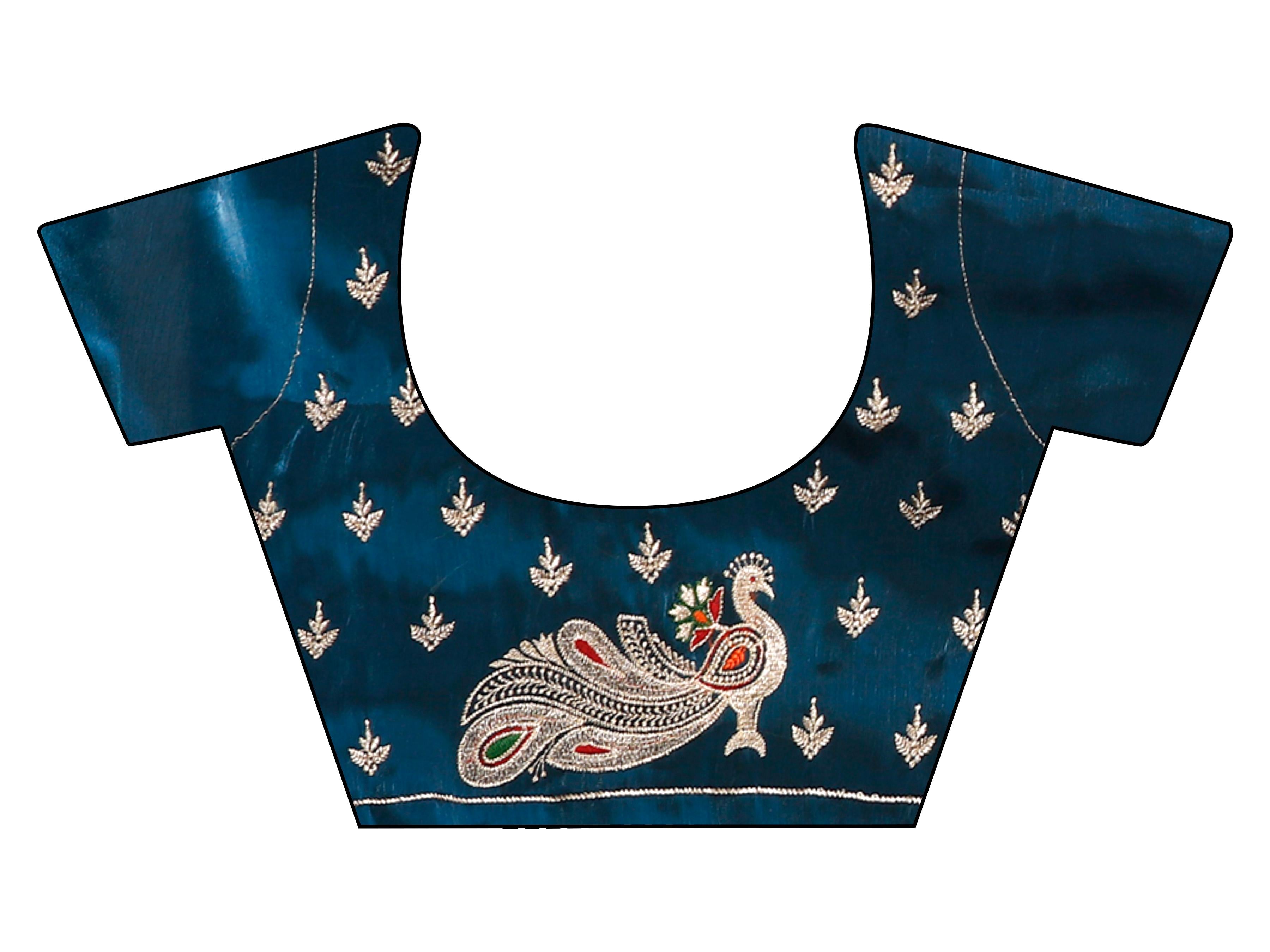 Teal colored zari embroidered saree