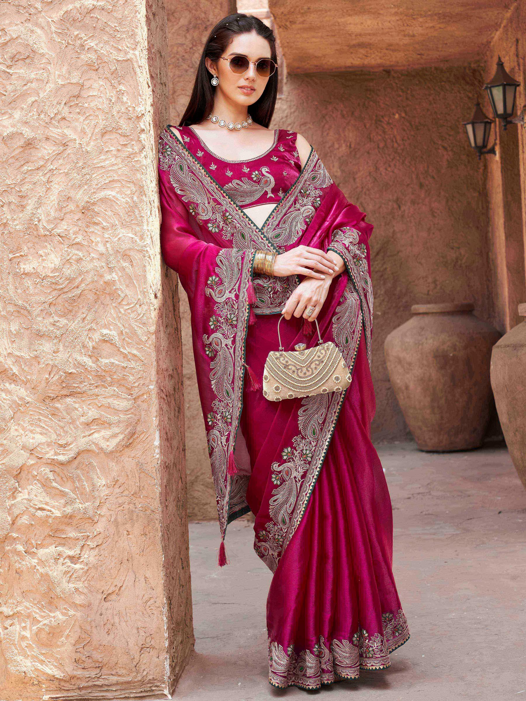 rani colored zari embroidered saree