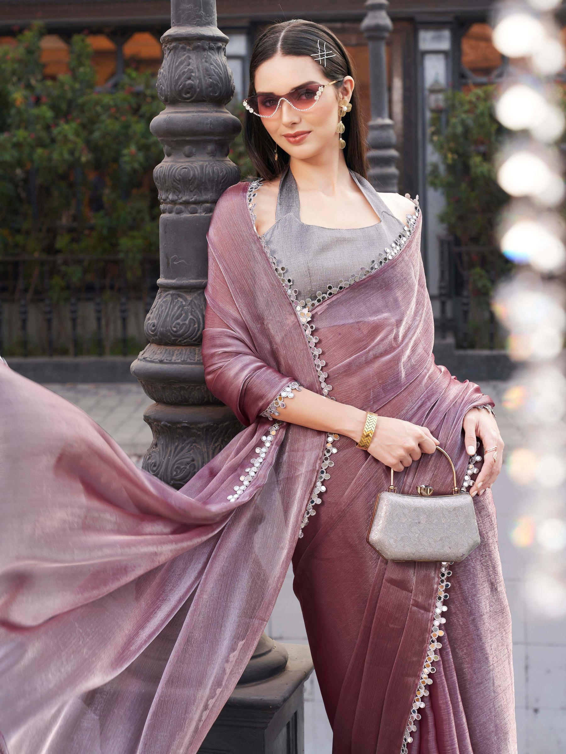 Metallic colored jimmy choo saree with mirror work embellished lace