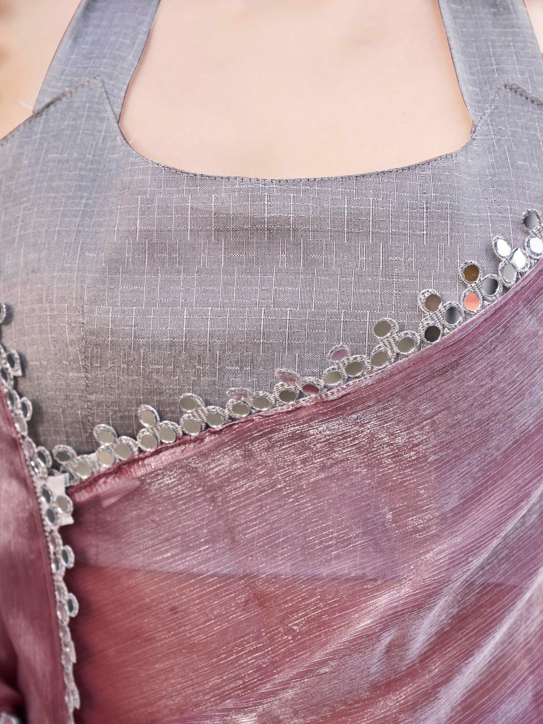 Metallic colored jimmy choo saree with mirror work embellished lace