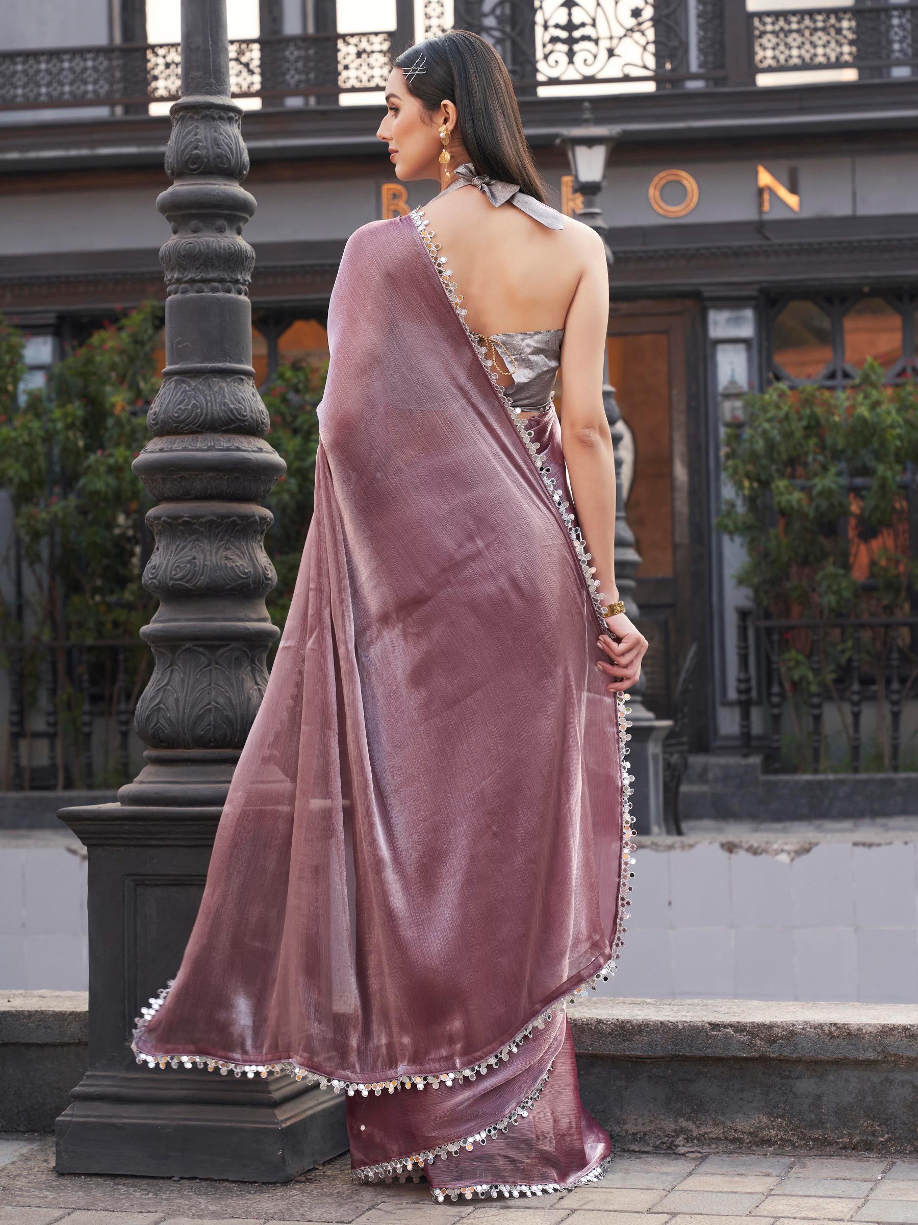 Metallic colored jimmy choo saree with mirror work embellished lace