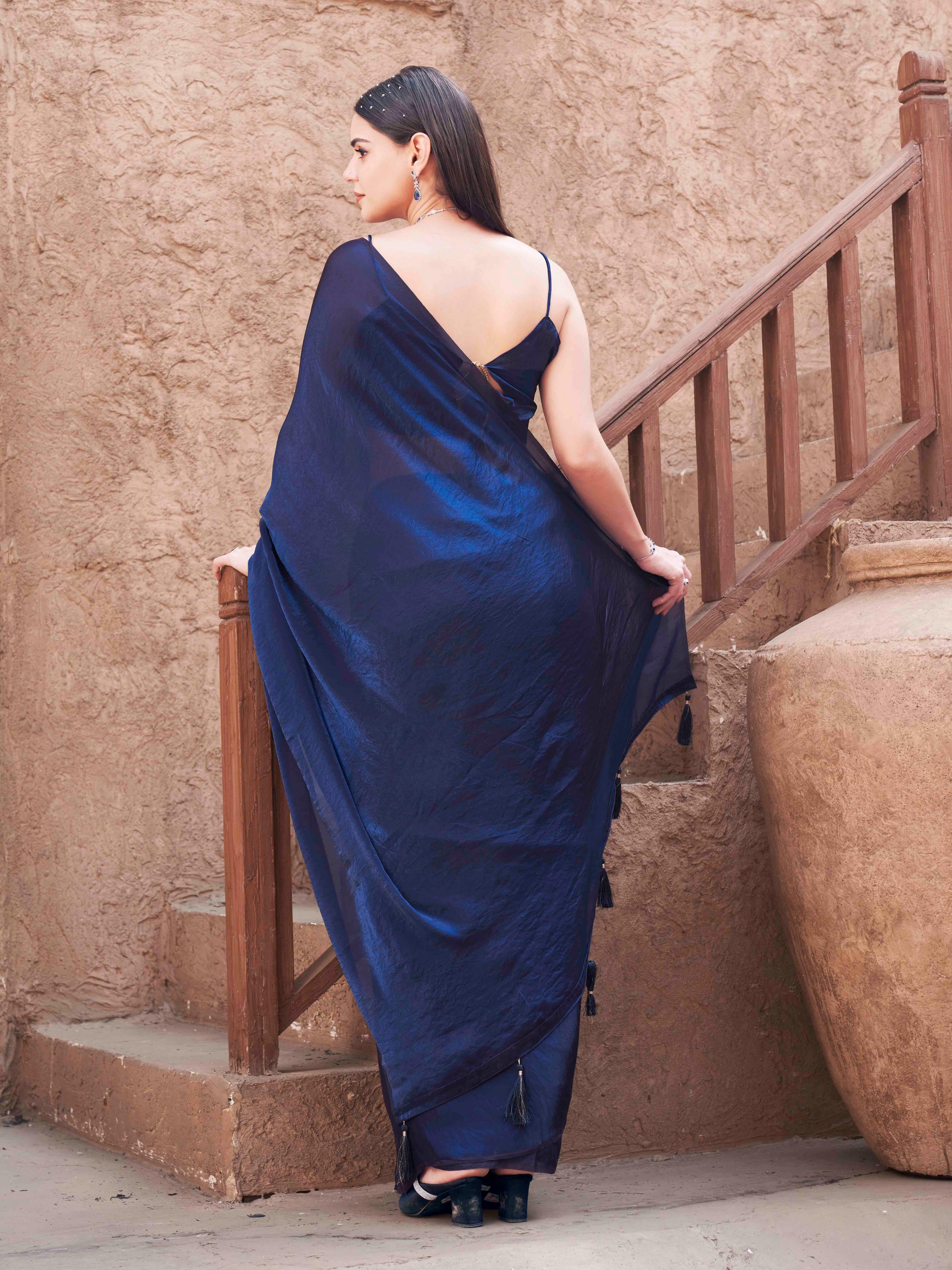 Two-way two-tone purple and blue colored jimmychoo saree with tassels on pallu