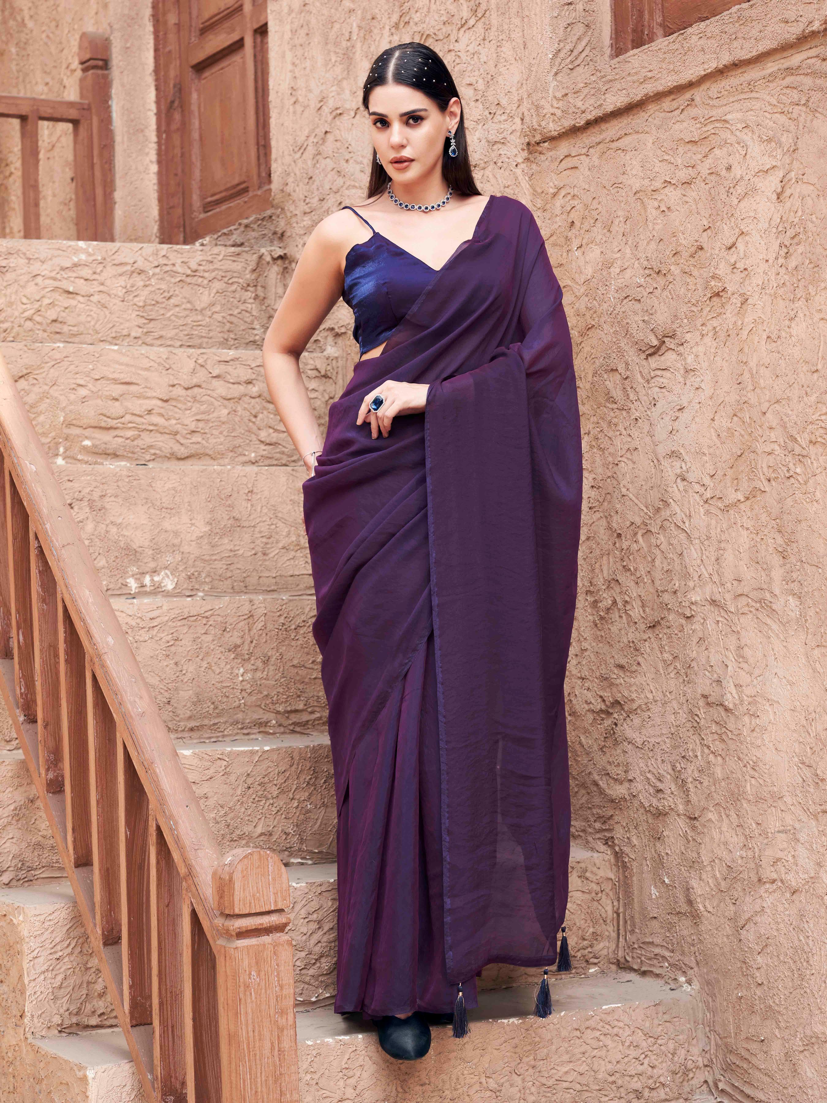 Two-way two-tone purple and blue colored jimmychoo saree with tassels on pallu