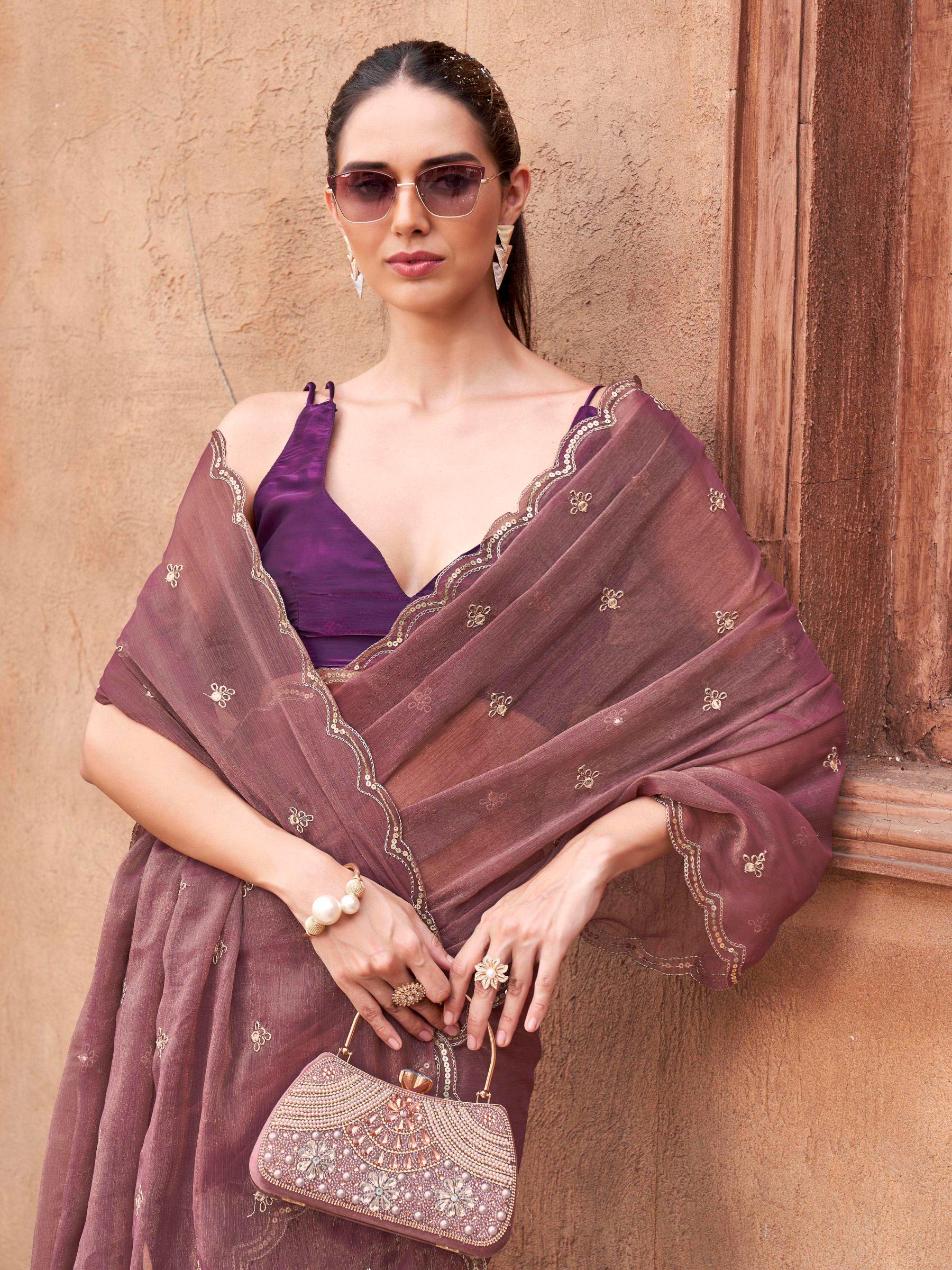 Two tone Brown and Pink colored saree with mirror embroidery on pallu and scalloped border
