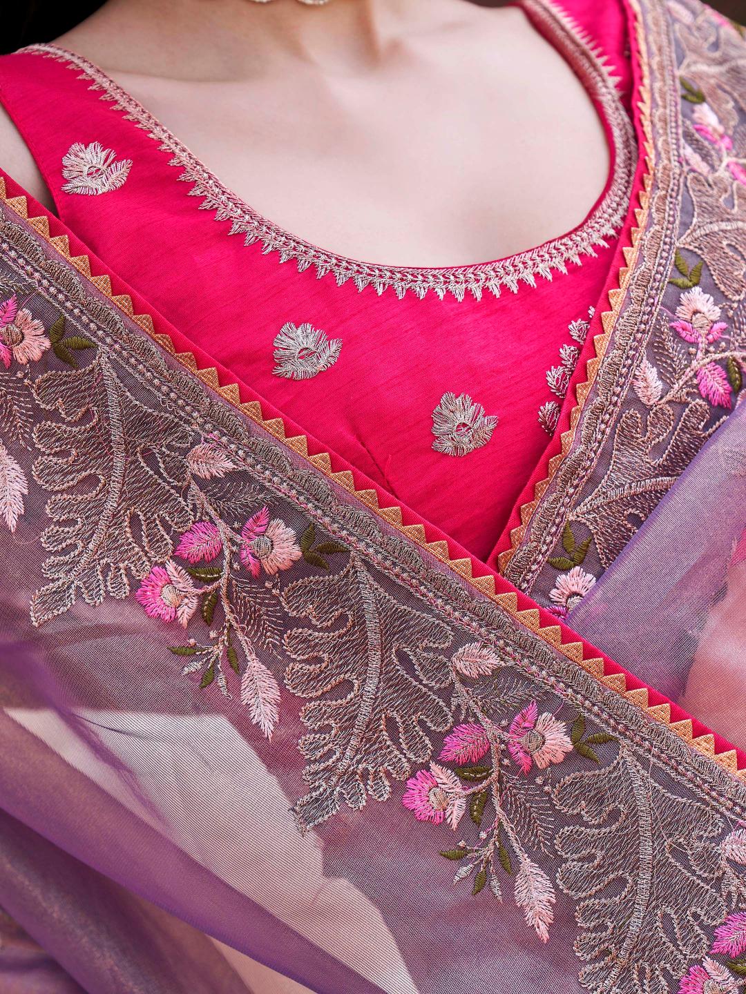 purple colored designer shimmer net embroidered saree