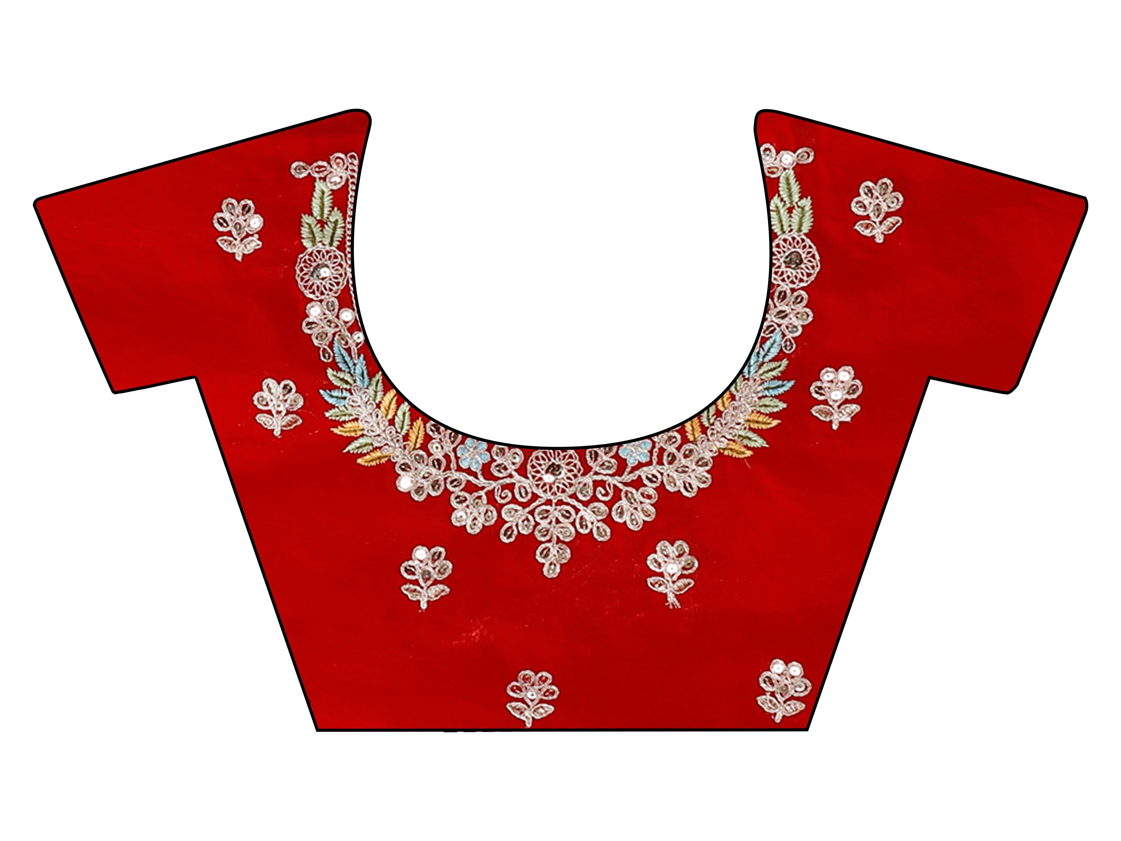 red colored designer jimmy choo saree with sequinned embroidery border