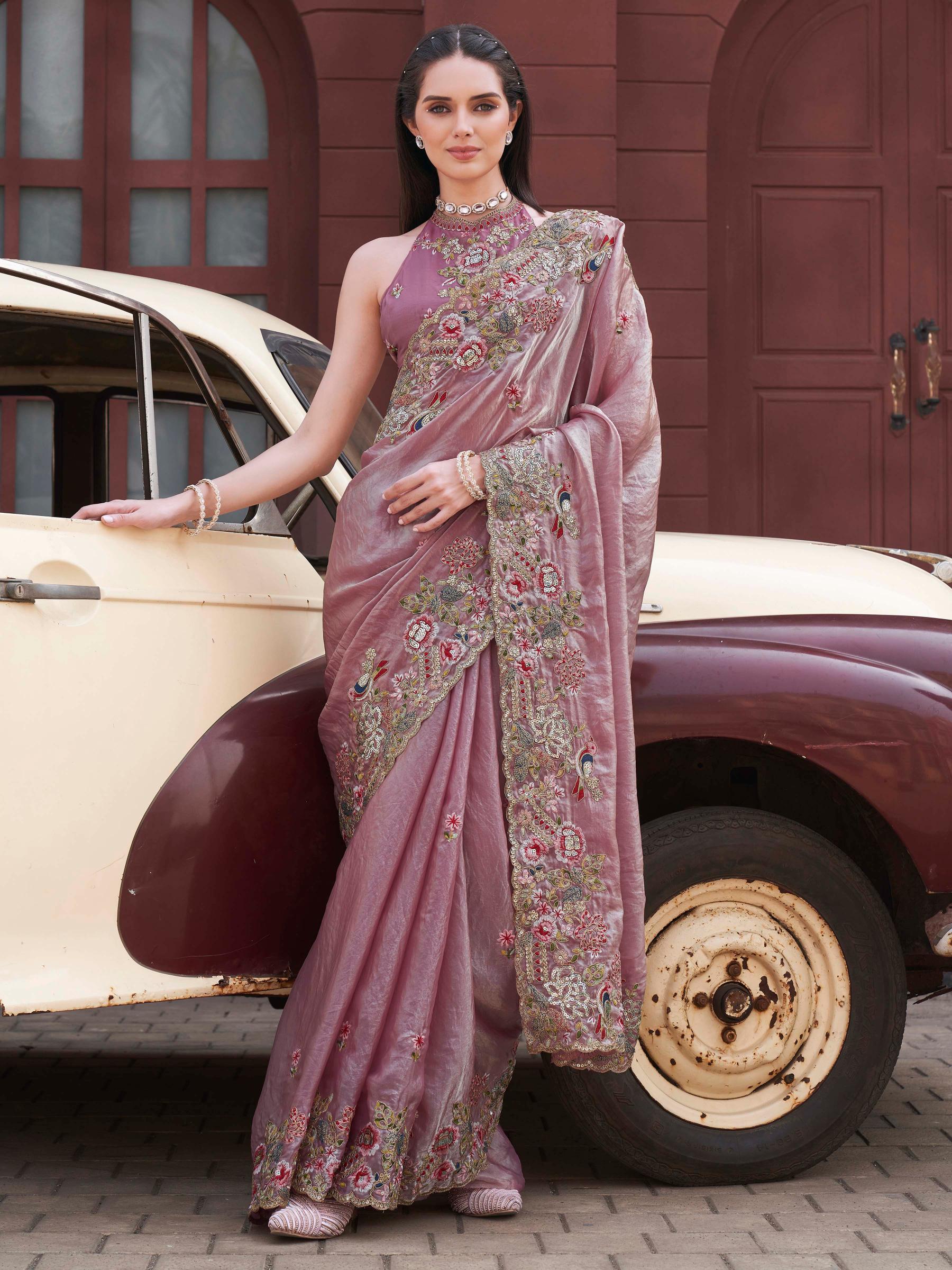 Two tone pink and gold colored jimmy choo saree with sequinned embroidery border