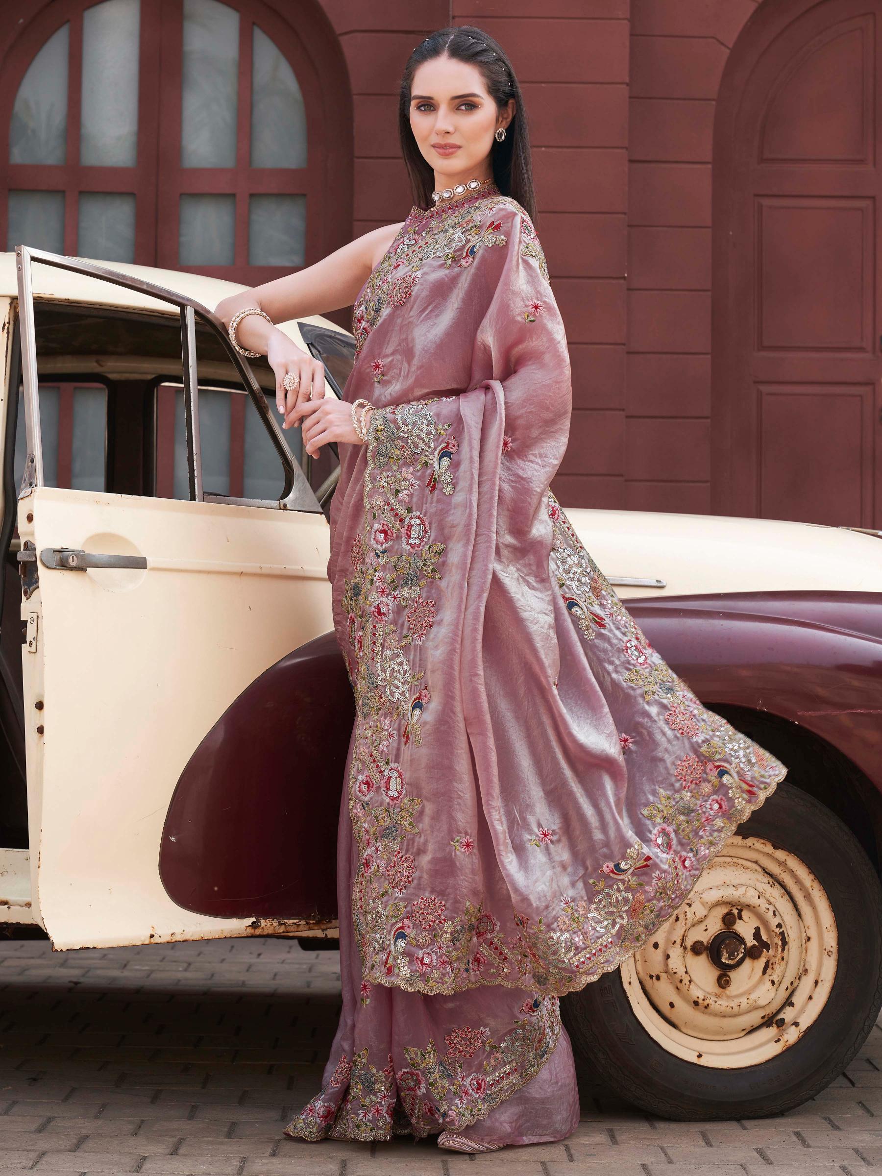 Two tone pink and gold colored jimmy choo saree with sequinned embroidery border