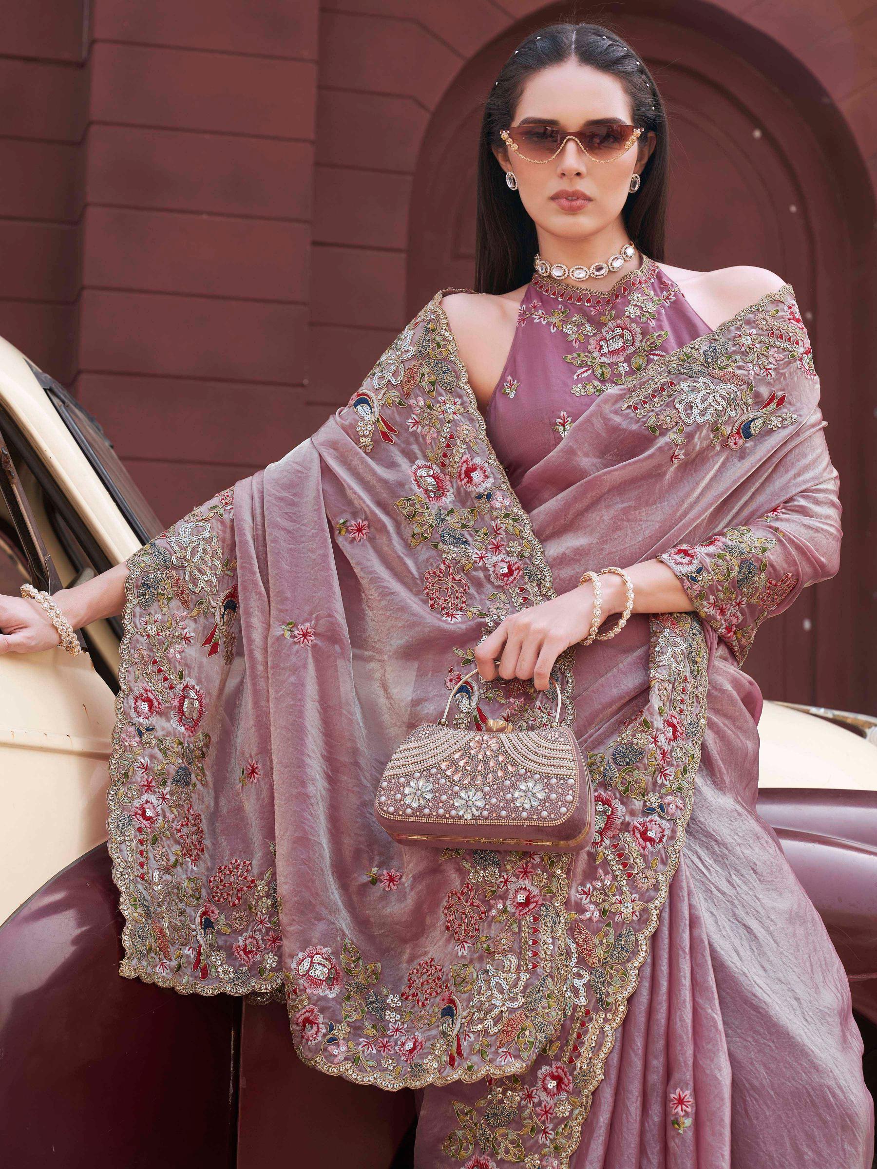 Two tone pink and gold colored jimmy choo saree with sequinned embroidery border