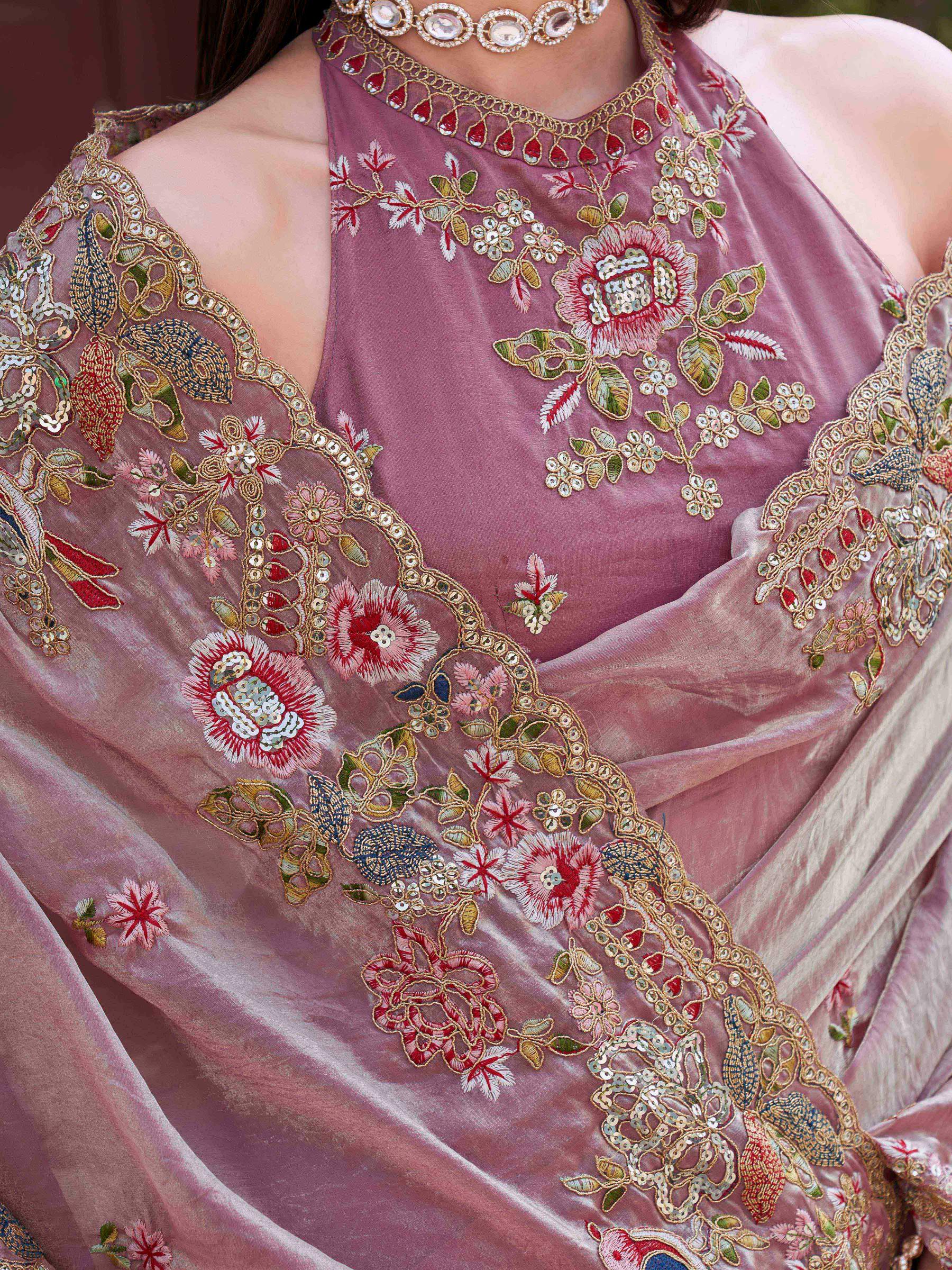 Two tone pink and gold colored jimmy choo saree with sequinned embroidery border