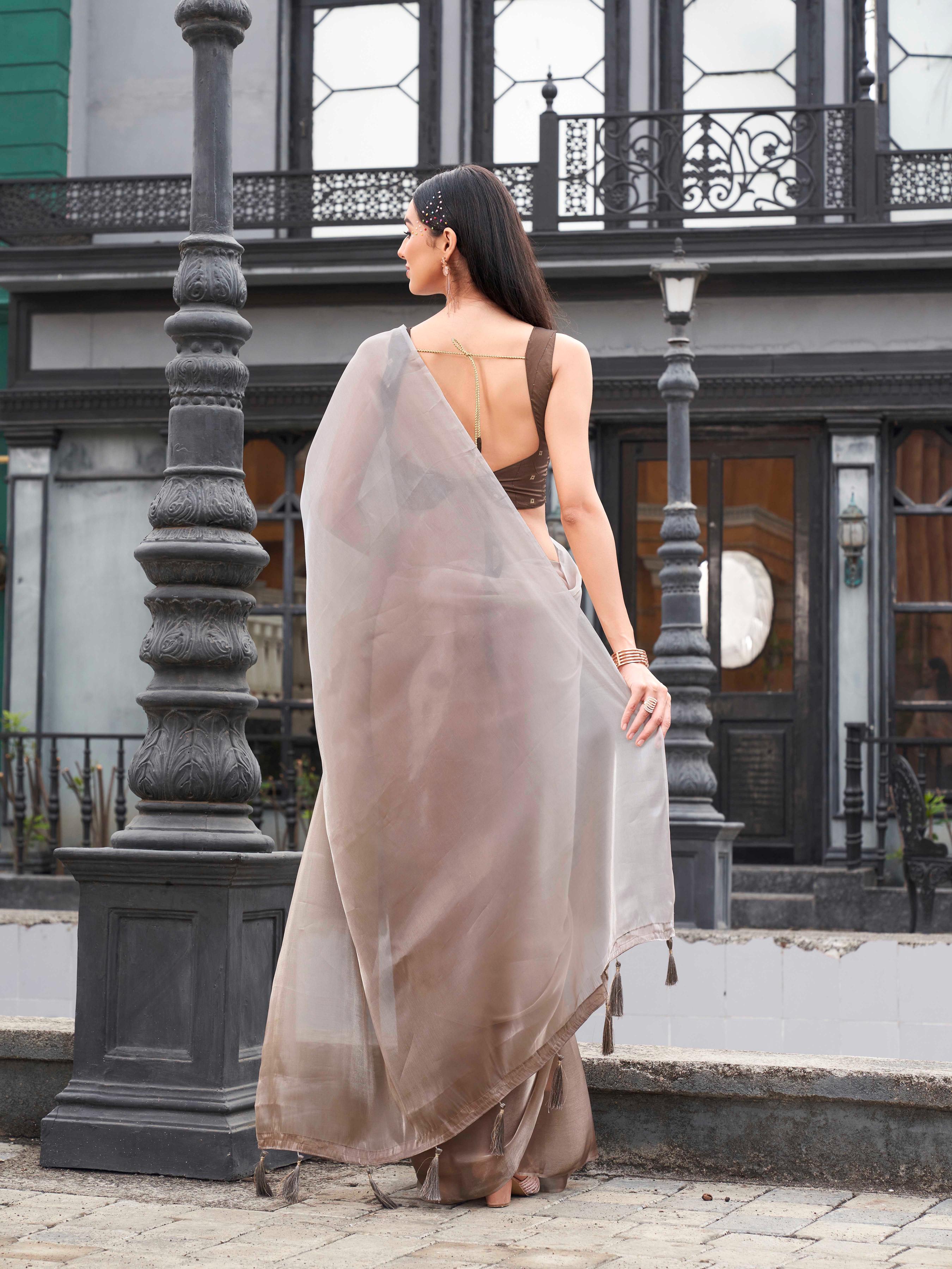 Ombre colored jimmy choo saree with tassels on pallu