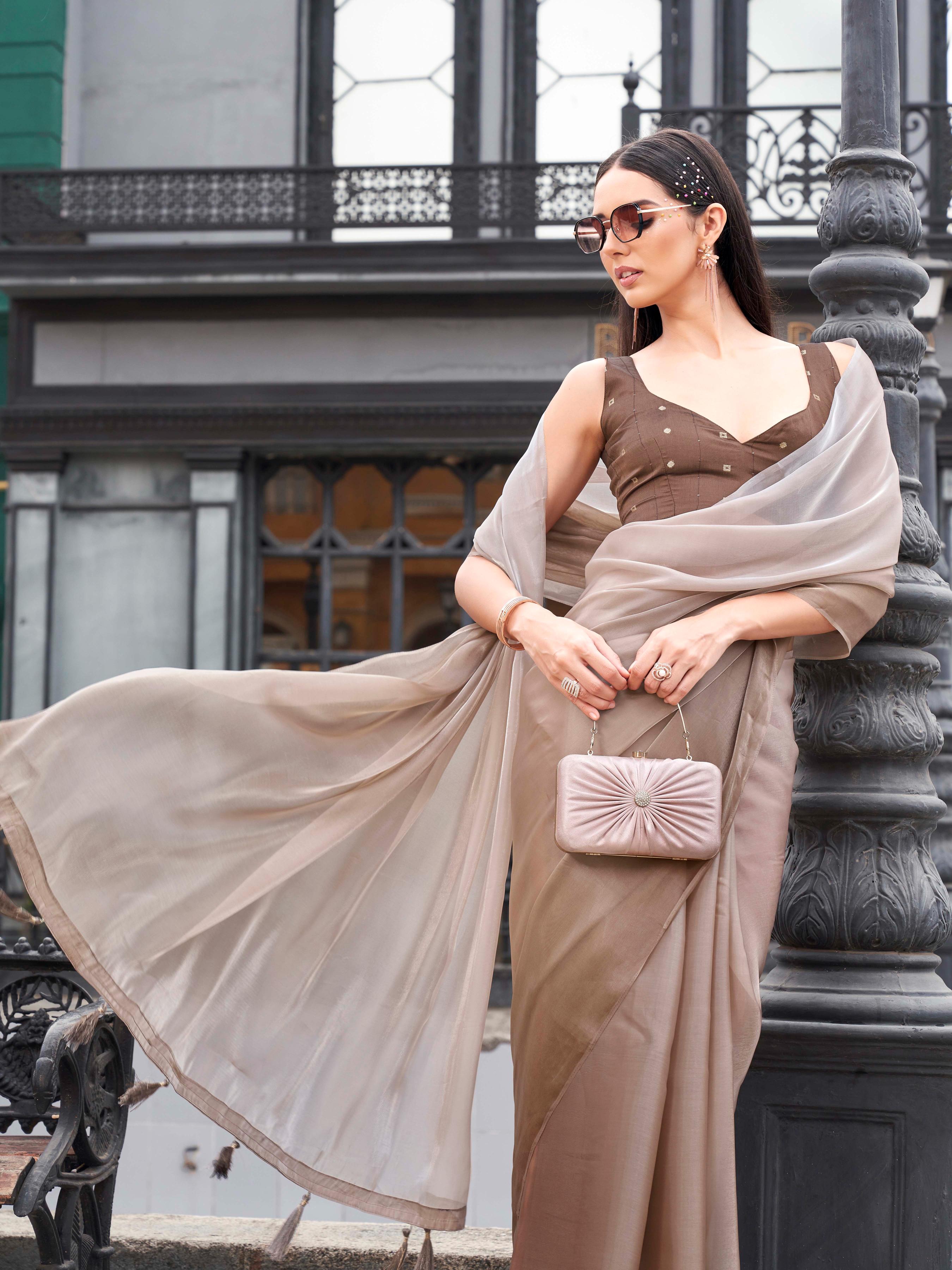 Ombre colored jimmy choo saree with tassels on pallu