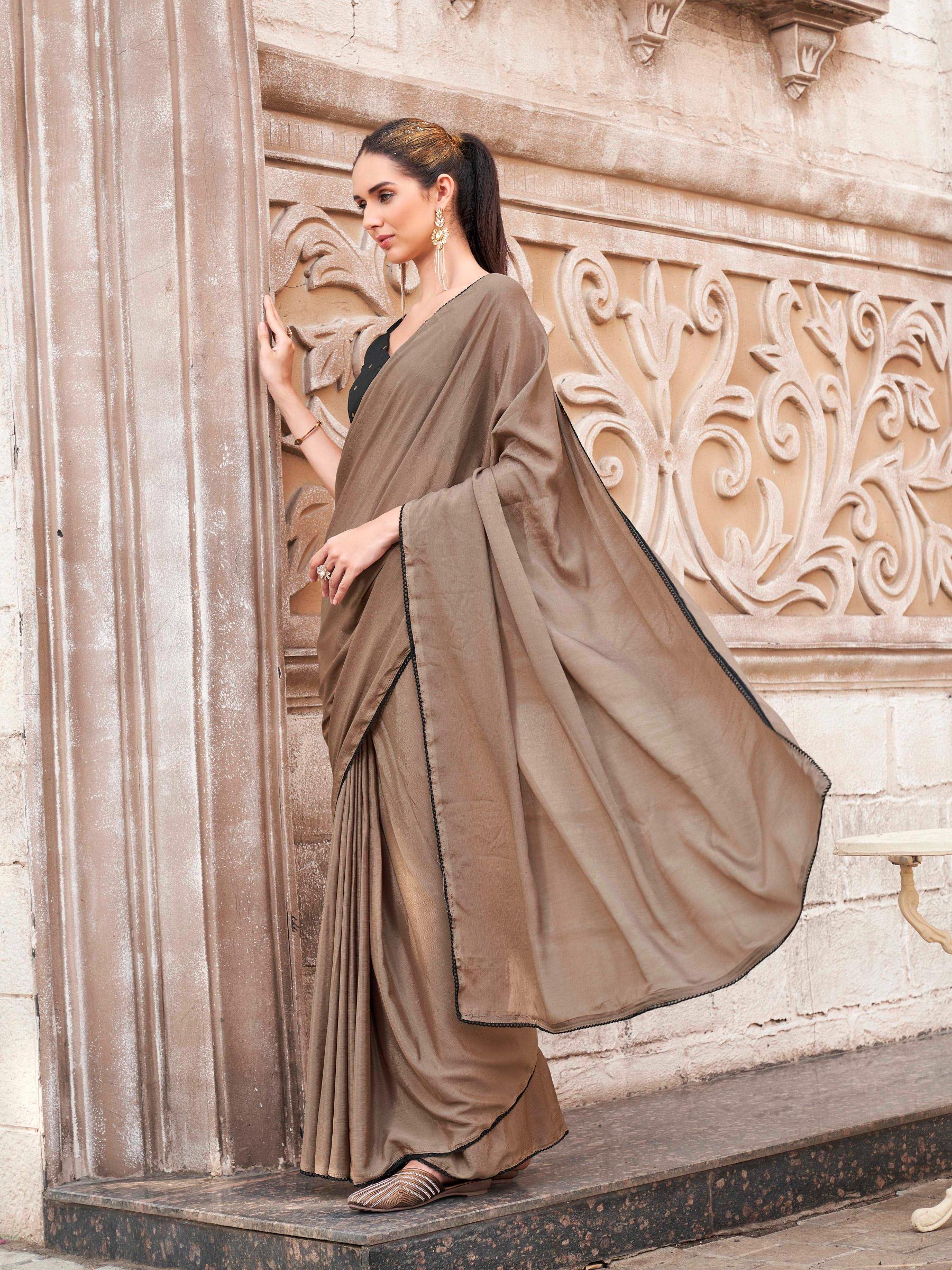 Ready to wear brown colored saree with brocade blouse
