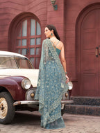 Blue colored embroidered net saree