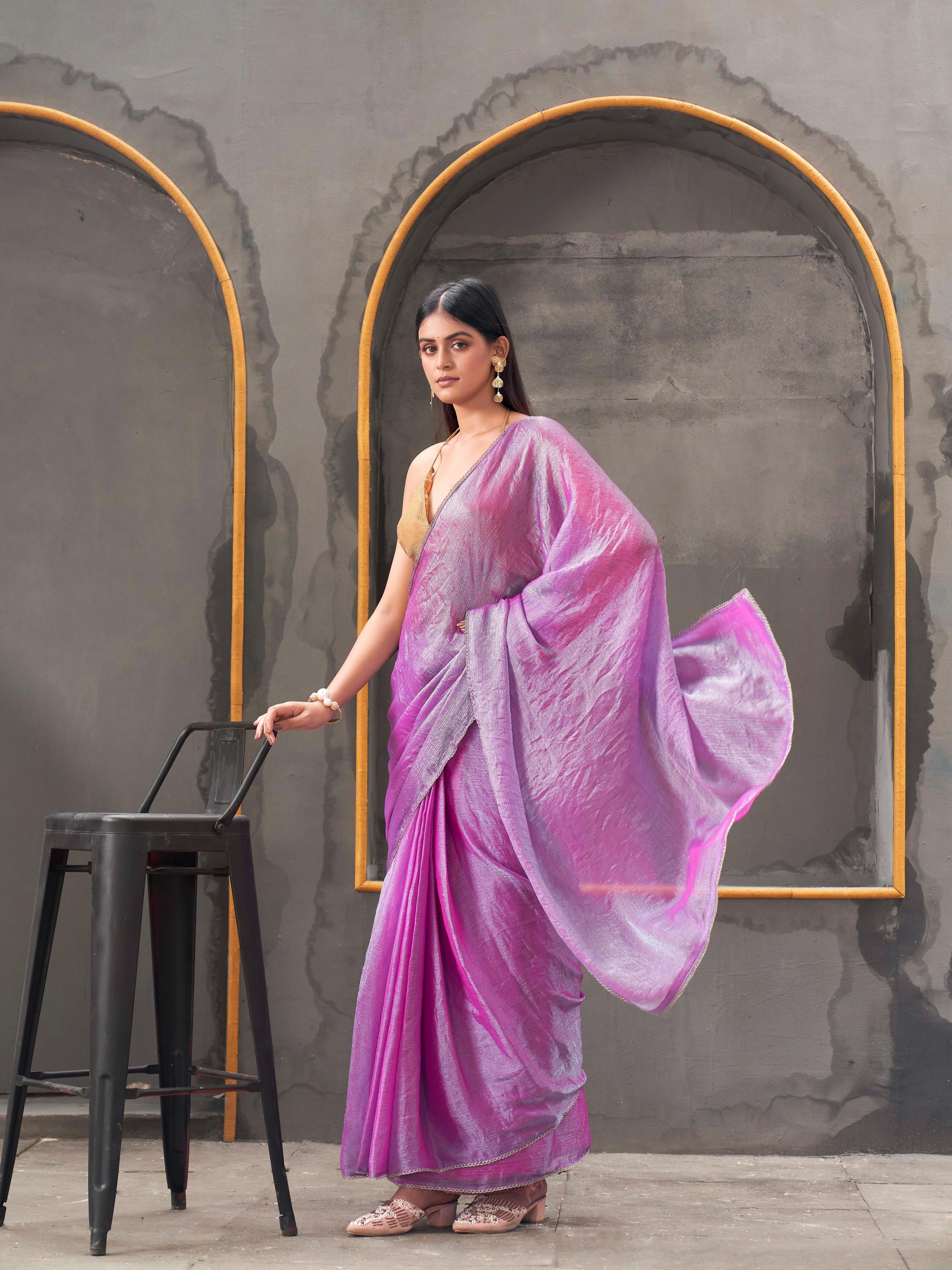 Ready to wear Pink & blue two tone shimmer chiffon saree with tassles in pallu & fancy lycra blouse