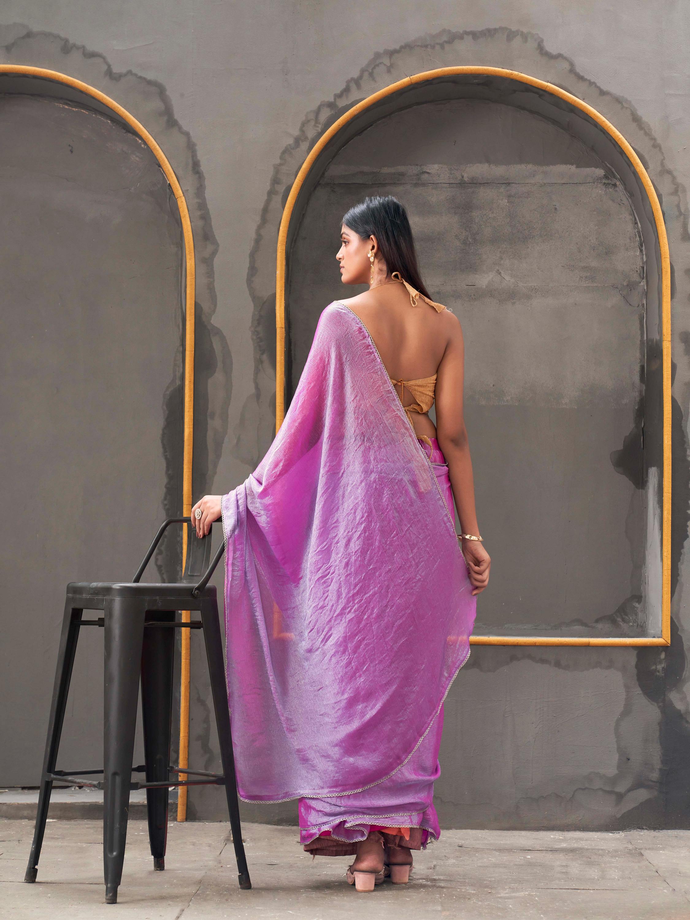 Ready to wear Pink & blue two tone shimmer chiffon saree with tassles in pallu & fancy lycra blouse