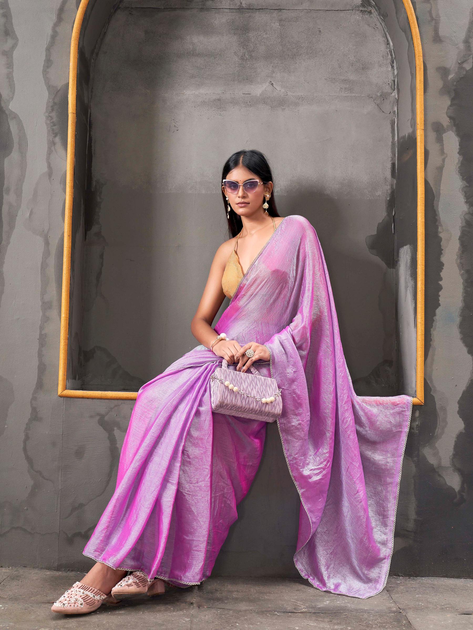 Ready to wear Pink & blue two tone shimmer chiffon saree with tassles in pallu & fancy lycra blouse