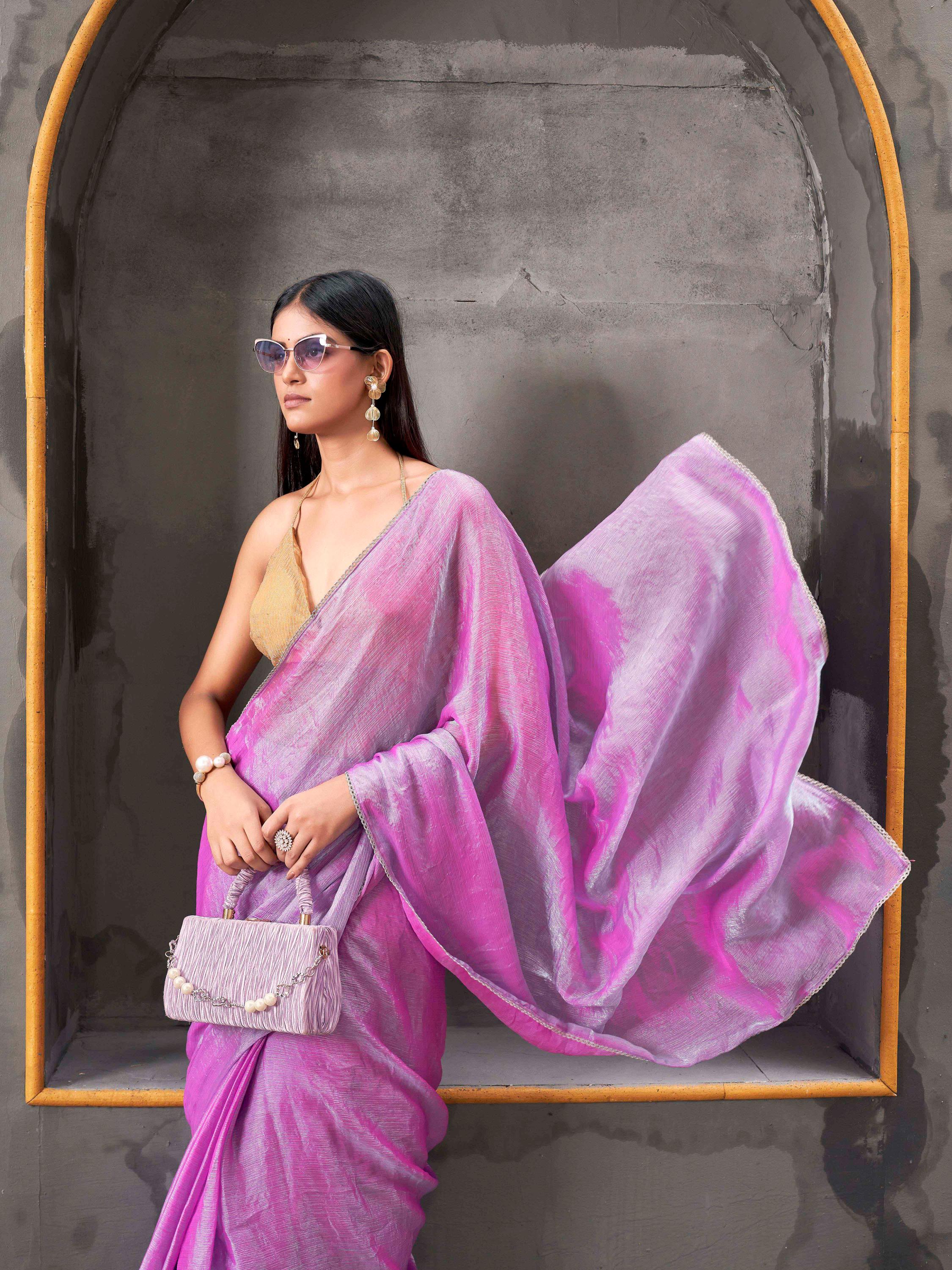 Ready to wear Pink & blue two tone shimmer chiffon saree with tassles in pallu & fancy lycra blouse