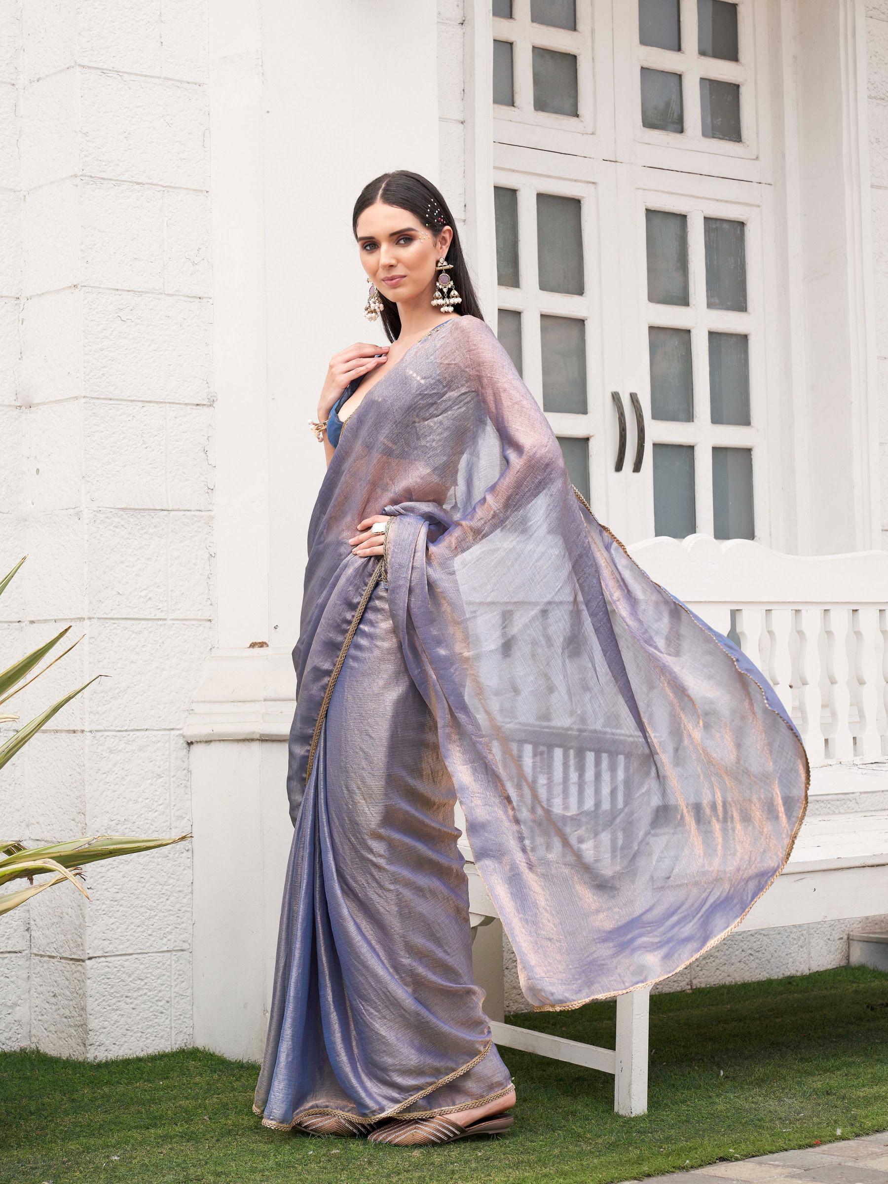 Ready to wear Two tone Blue and copper colored chiffon saree with faux mirror embroidered blouse