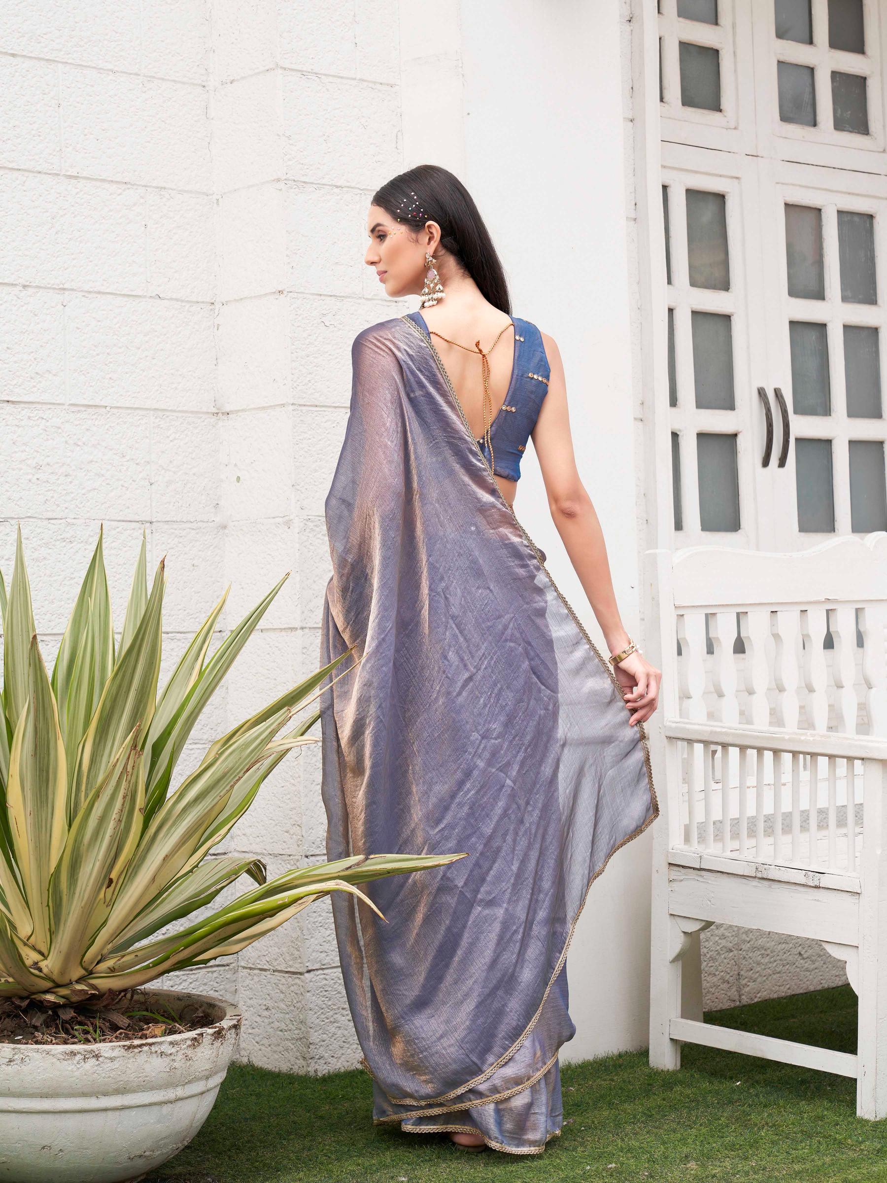 Ready to wear Two tone Blue and copper colored chiffon saree with faux mirror embroidered blouse