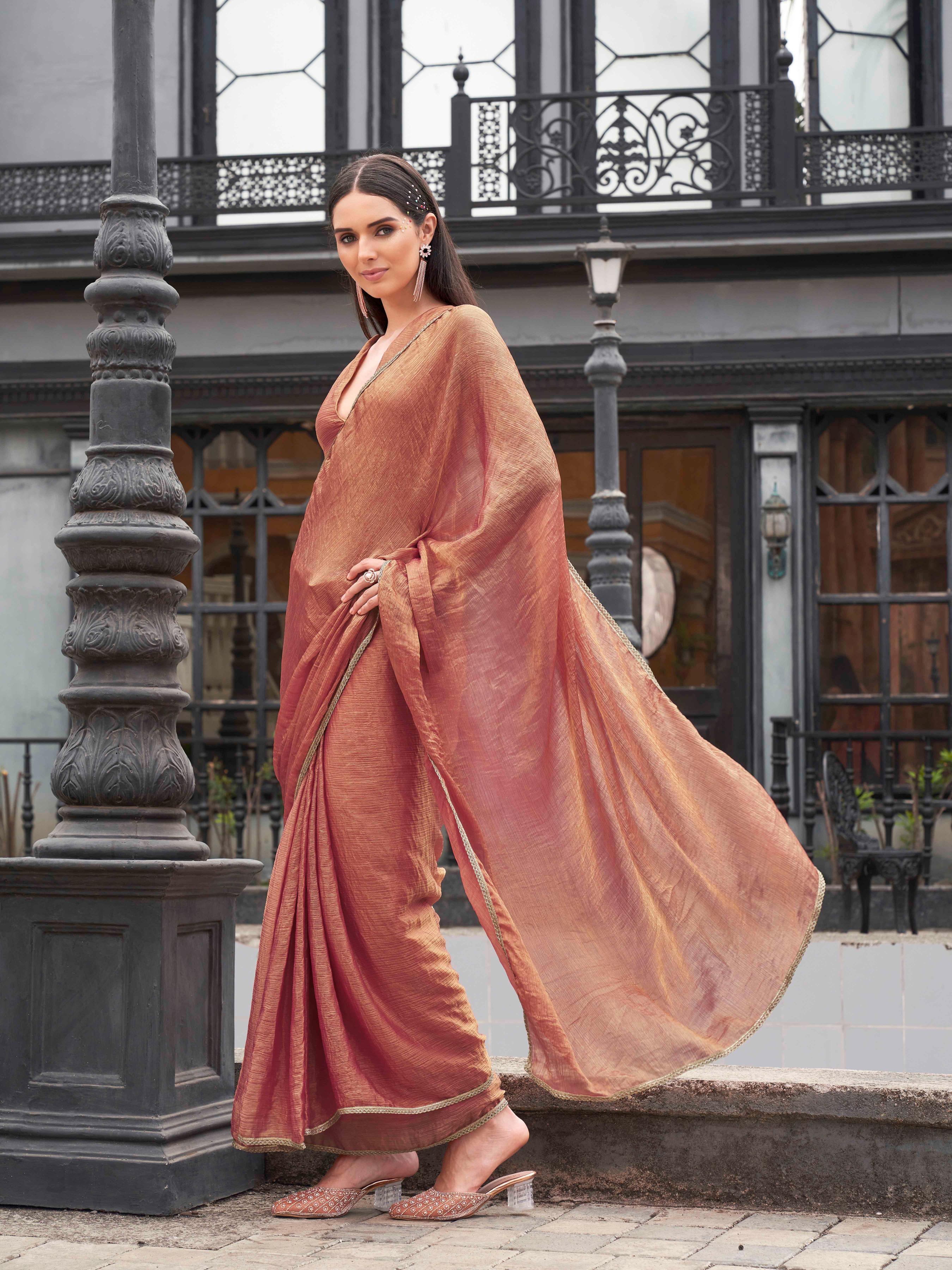 Ready to wear Two tone orange and gold colored chiffon saree with embellished lace