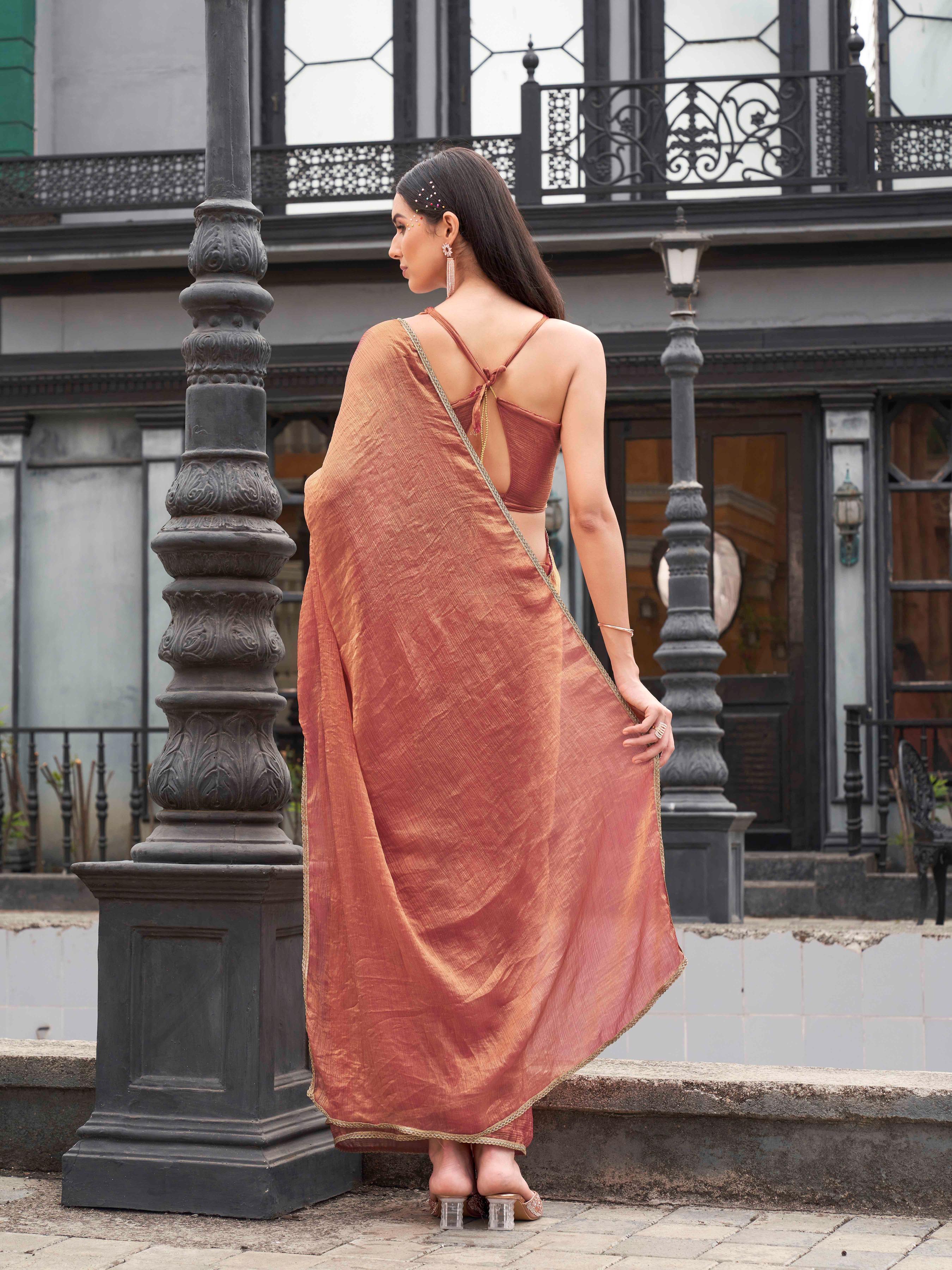 Ready to wear Two tone orange and gold colored chiffon saree with embellished lace