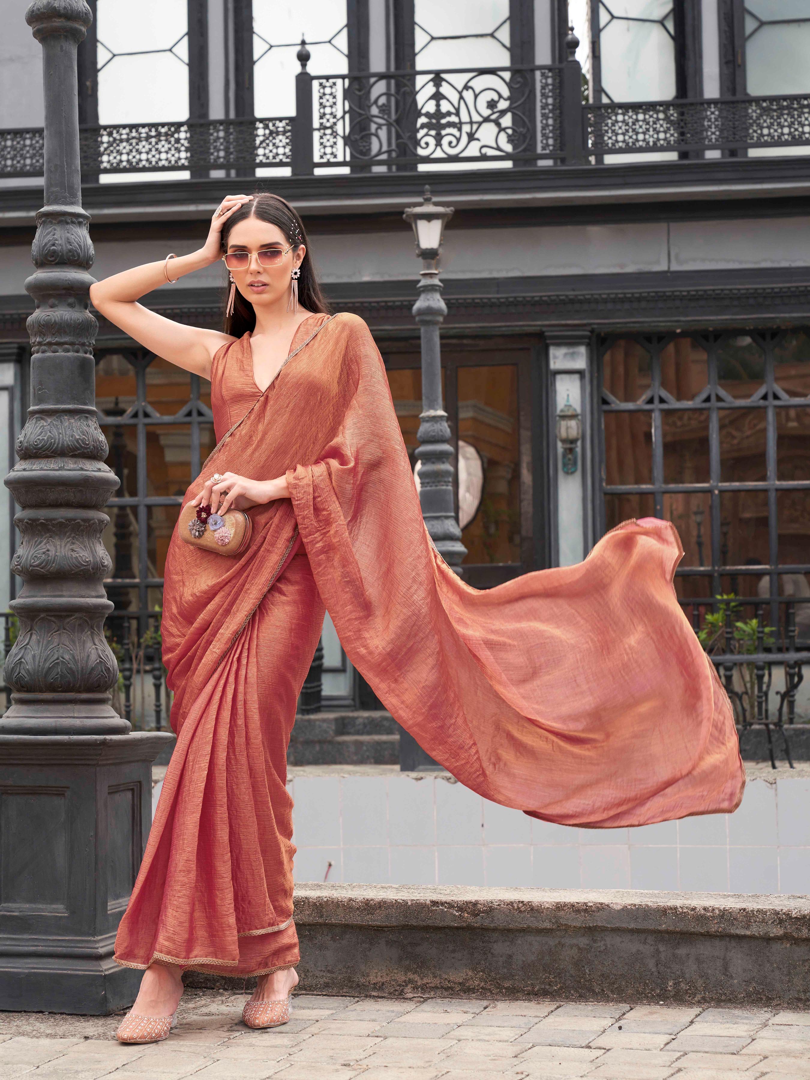 Ready to wear Two tone orange and gold colored chiffon saree with embellished lace