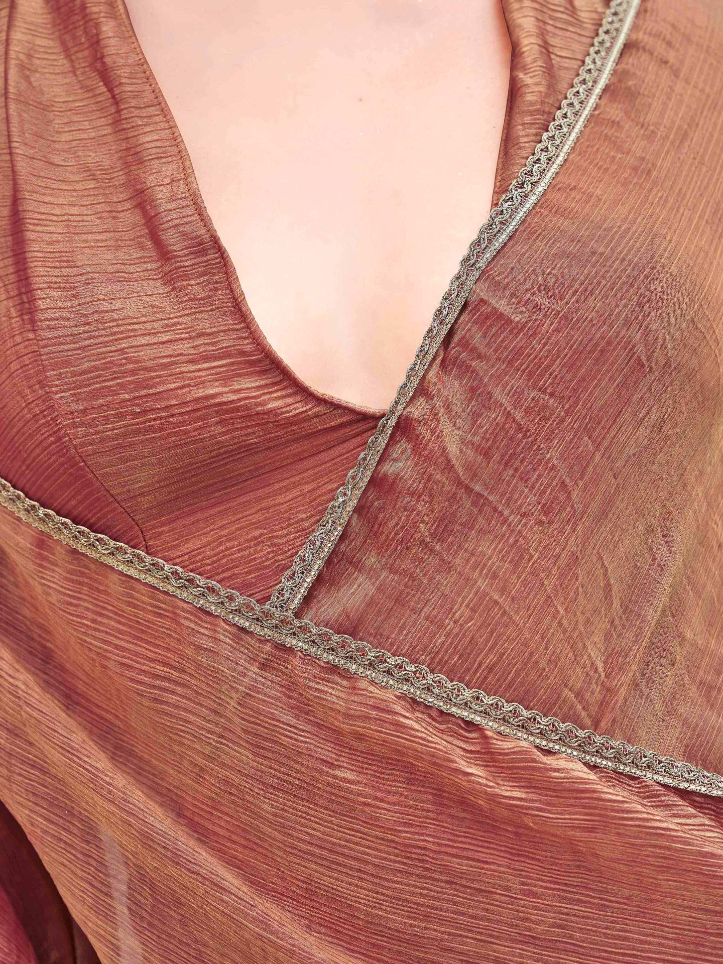 Ready to wear Two tone orange and gold colored chiffon saree with embellished lace