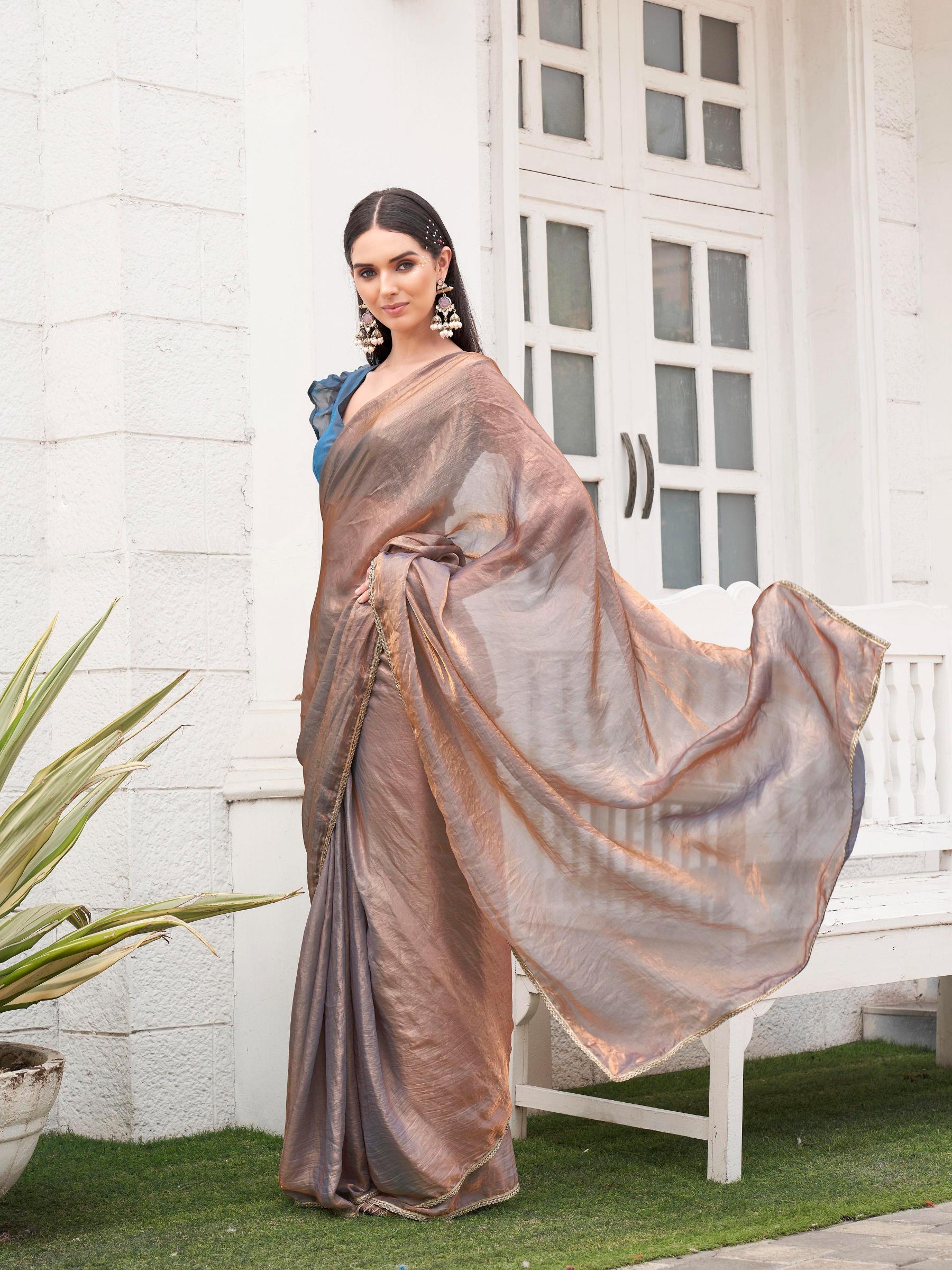 Ready to wear Two tone Blue and copper colored jimmy choo saree with embellished lace