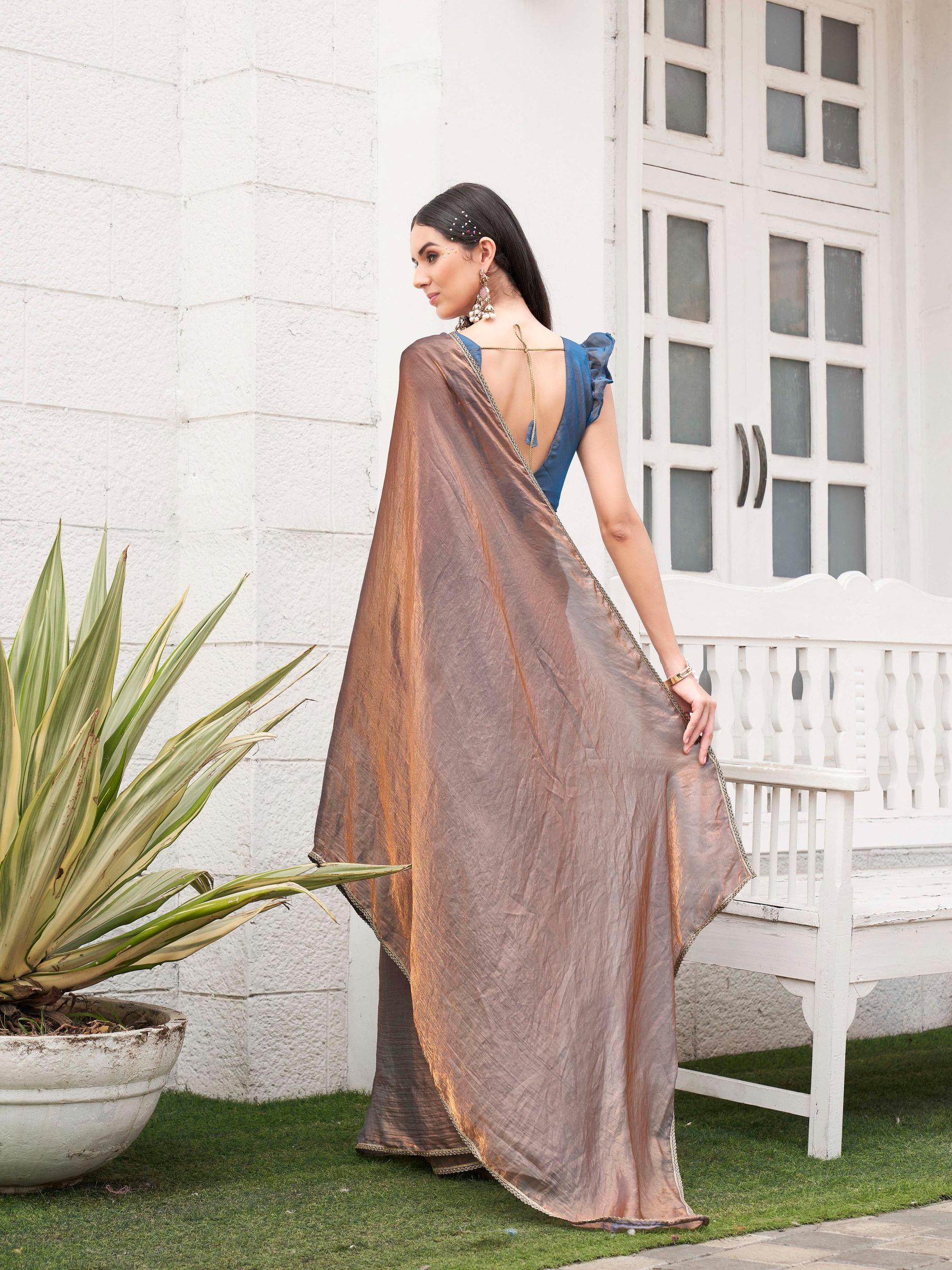 Ready to wear Two tone Blue and copper colored jimmy choo saree with embellished lace