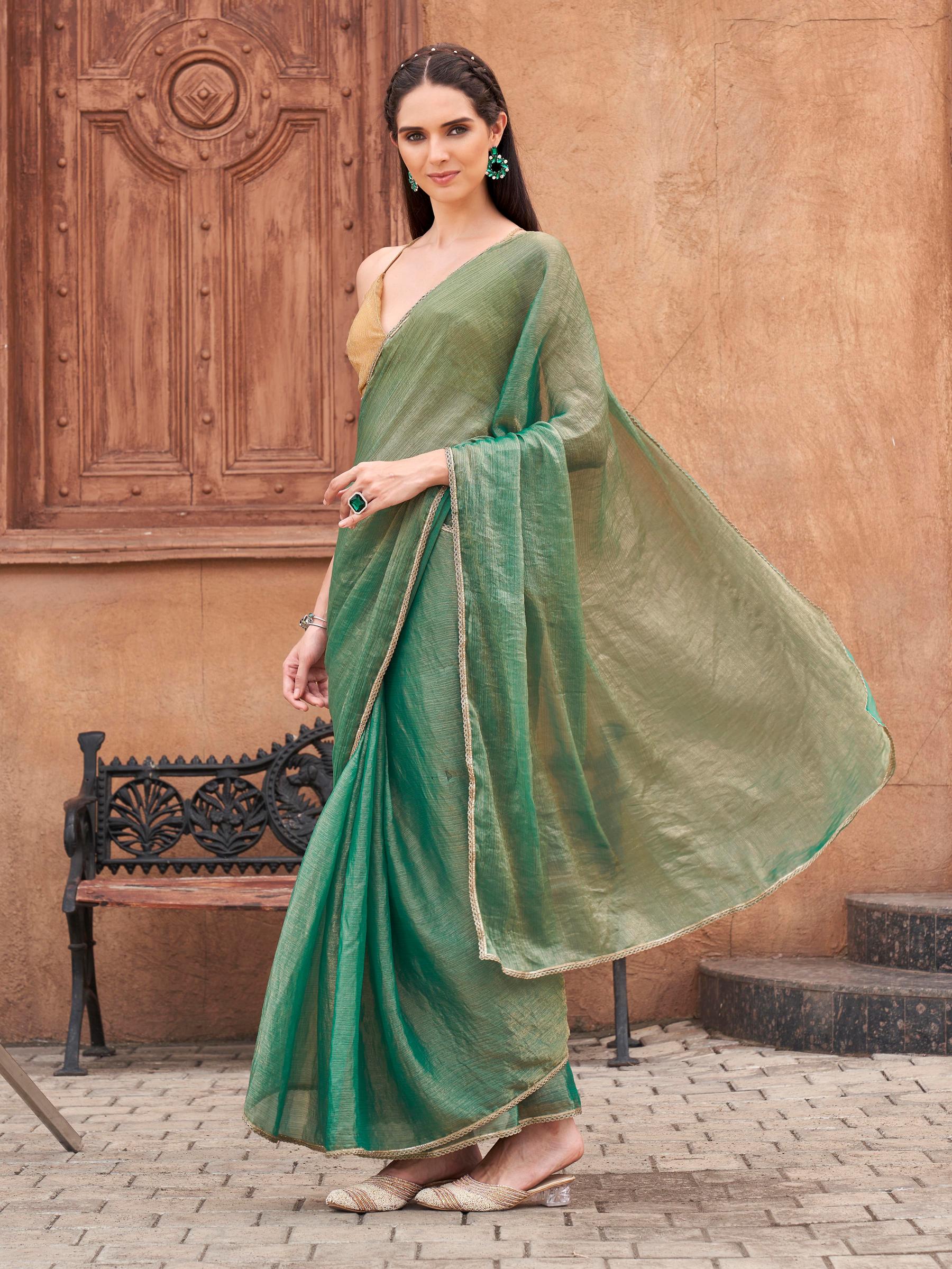 Ready to wear Two tone Green and gold colored chiffon saree with embellished lace