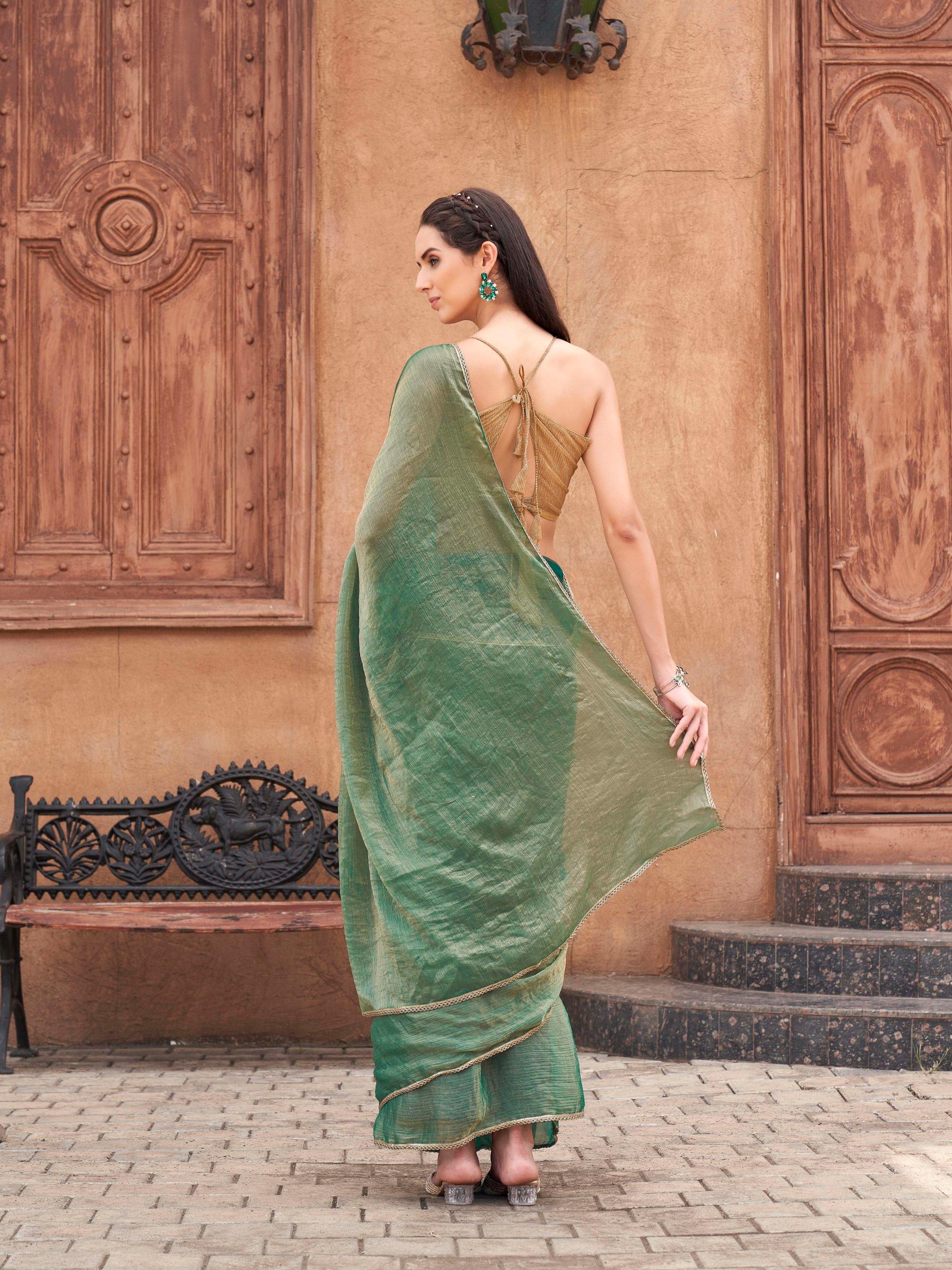 Ready to wear Two tone Green and gold colored chiffon saree with embellished lace