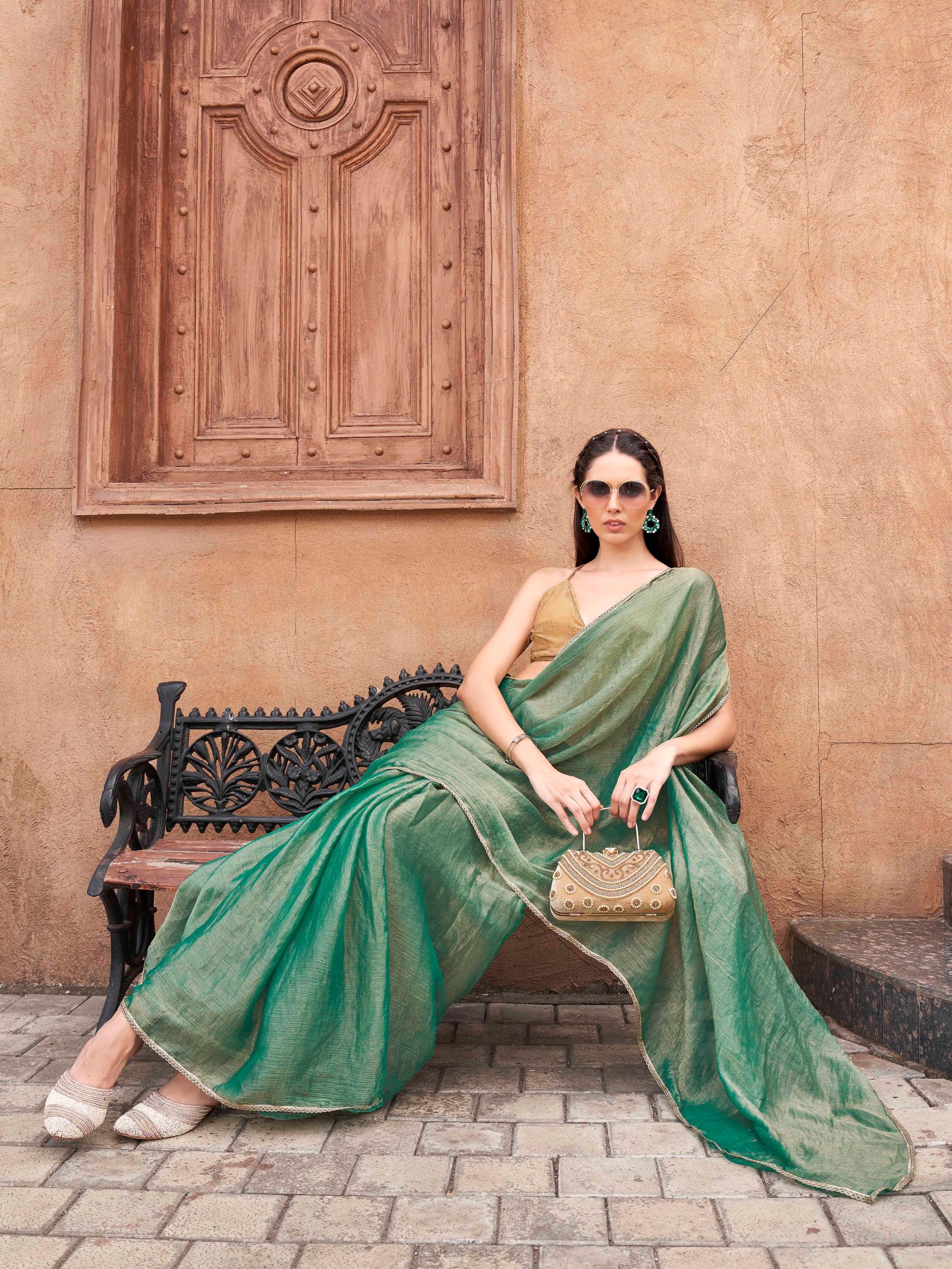 Ready to wear Two tone Green and gold colored chiffon saree with embellished lace
