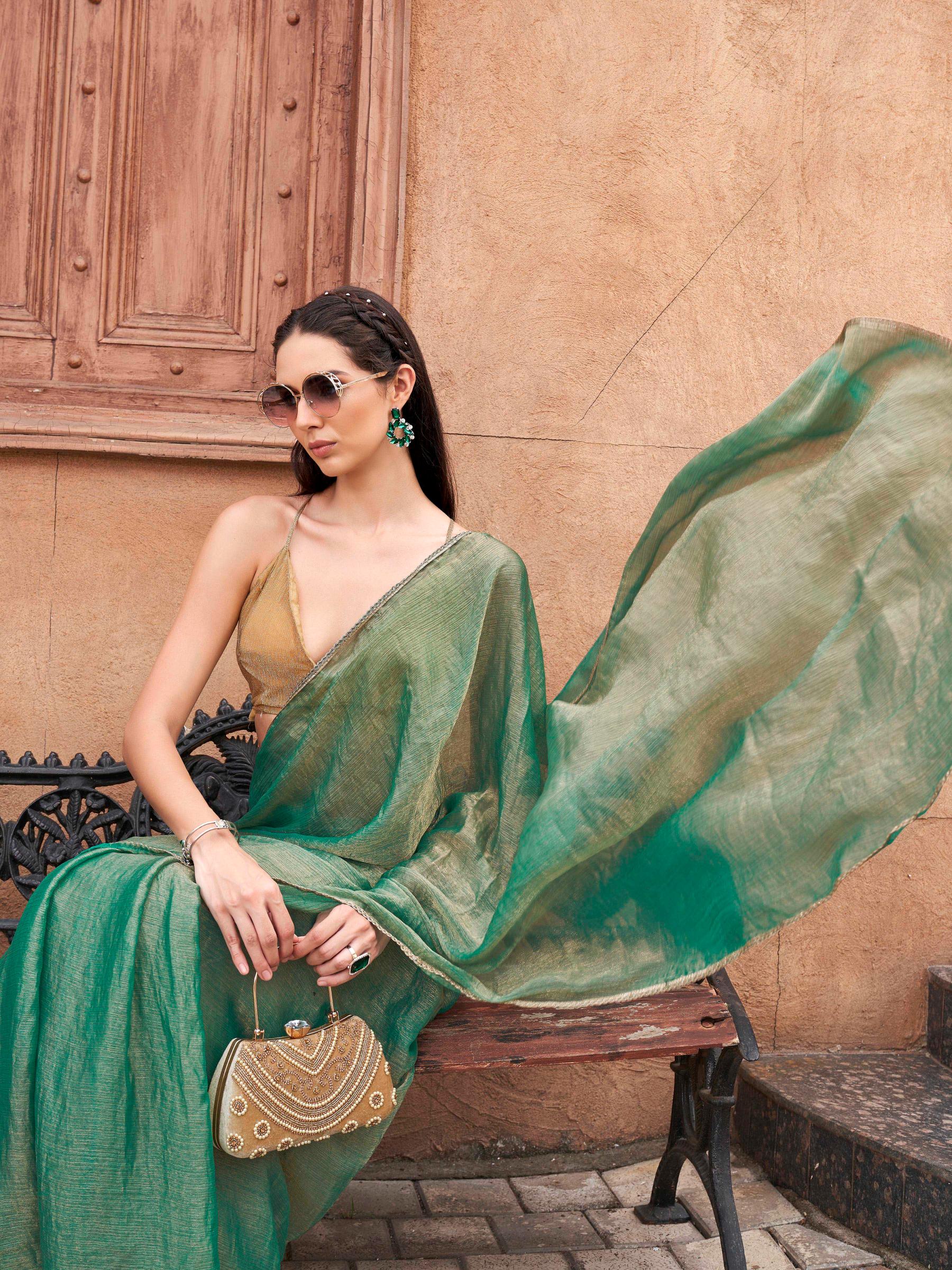 Ready to wear Two tone Green and gold colored chiffon saree with embellished lace