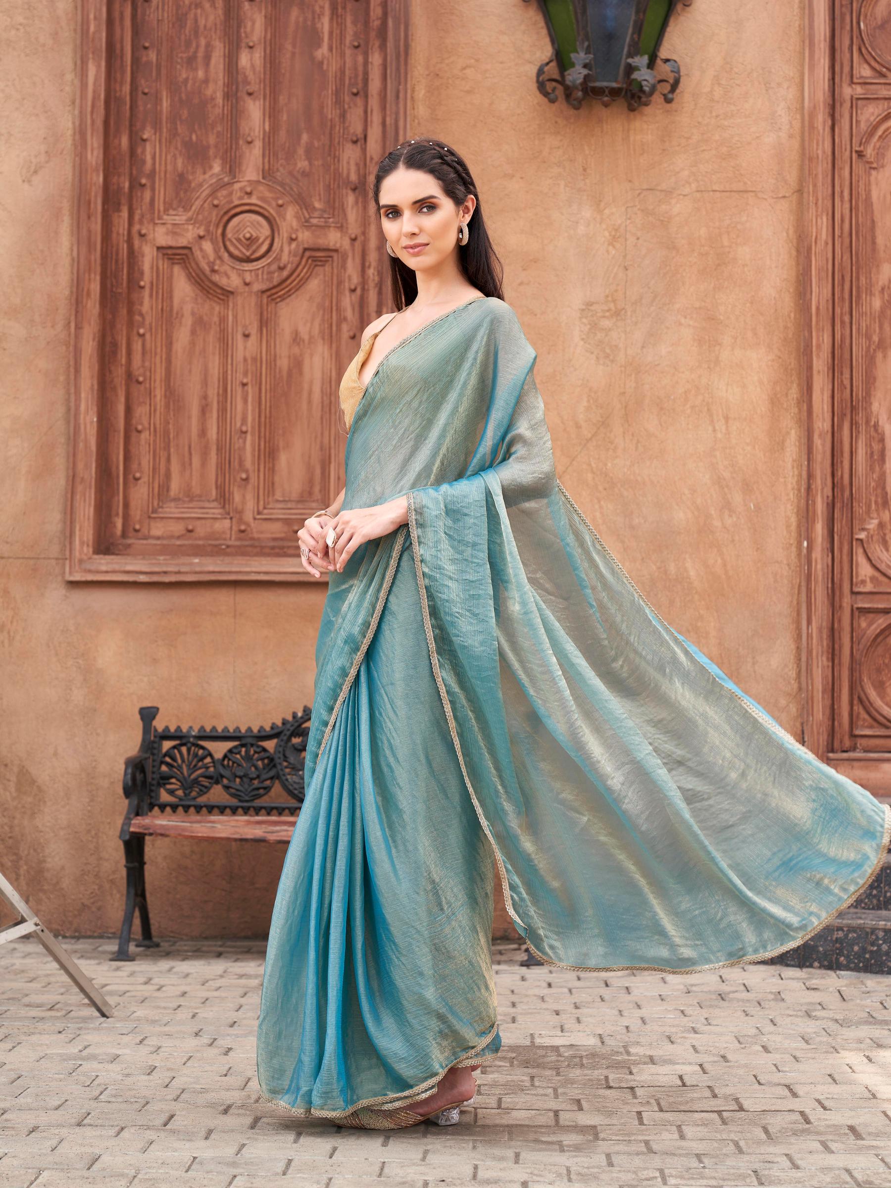 Ready to wear Two tone Blue and gold colored chiffon saree with embellished lace