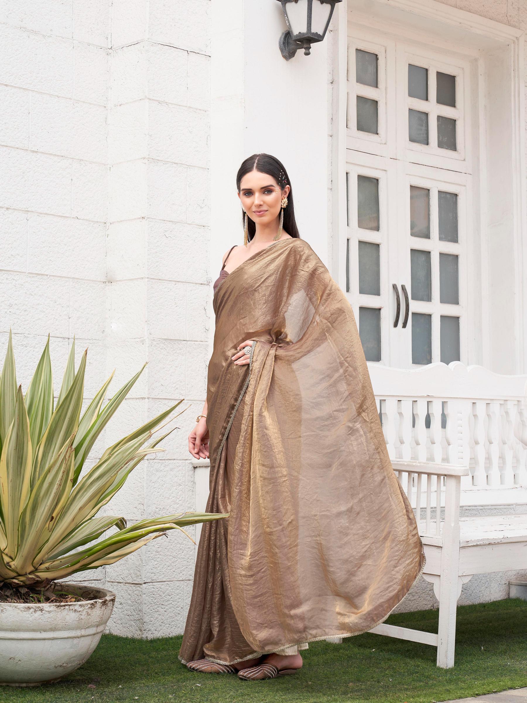 Ready to wear Two tone camel brown and gold colored jimmy choo saree with embellished lace