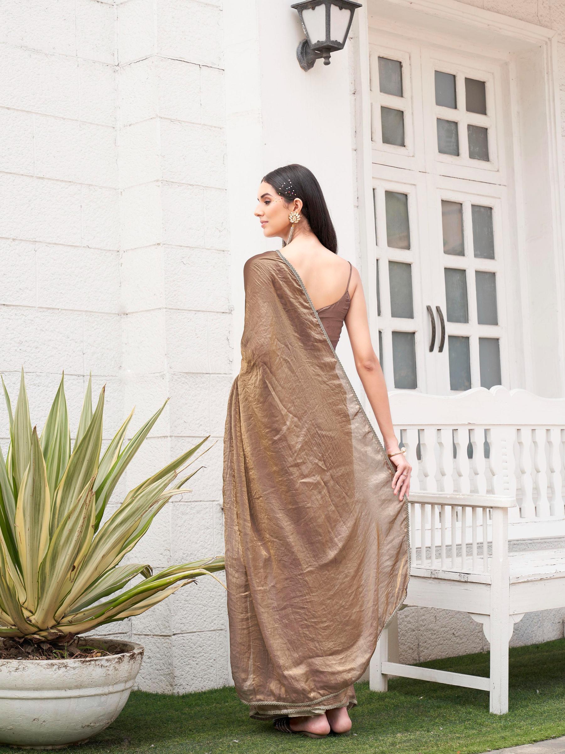 Ready to wear Two tone camel brown and gold colored jimmy choo saree with embellished lace
