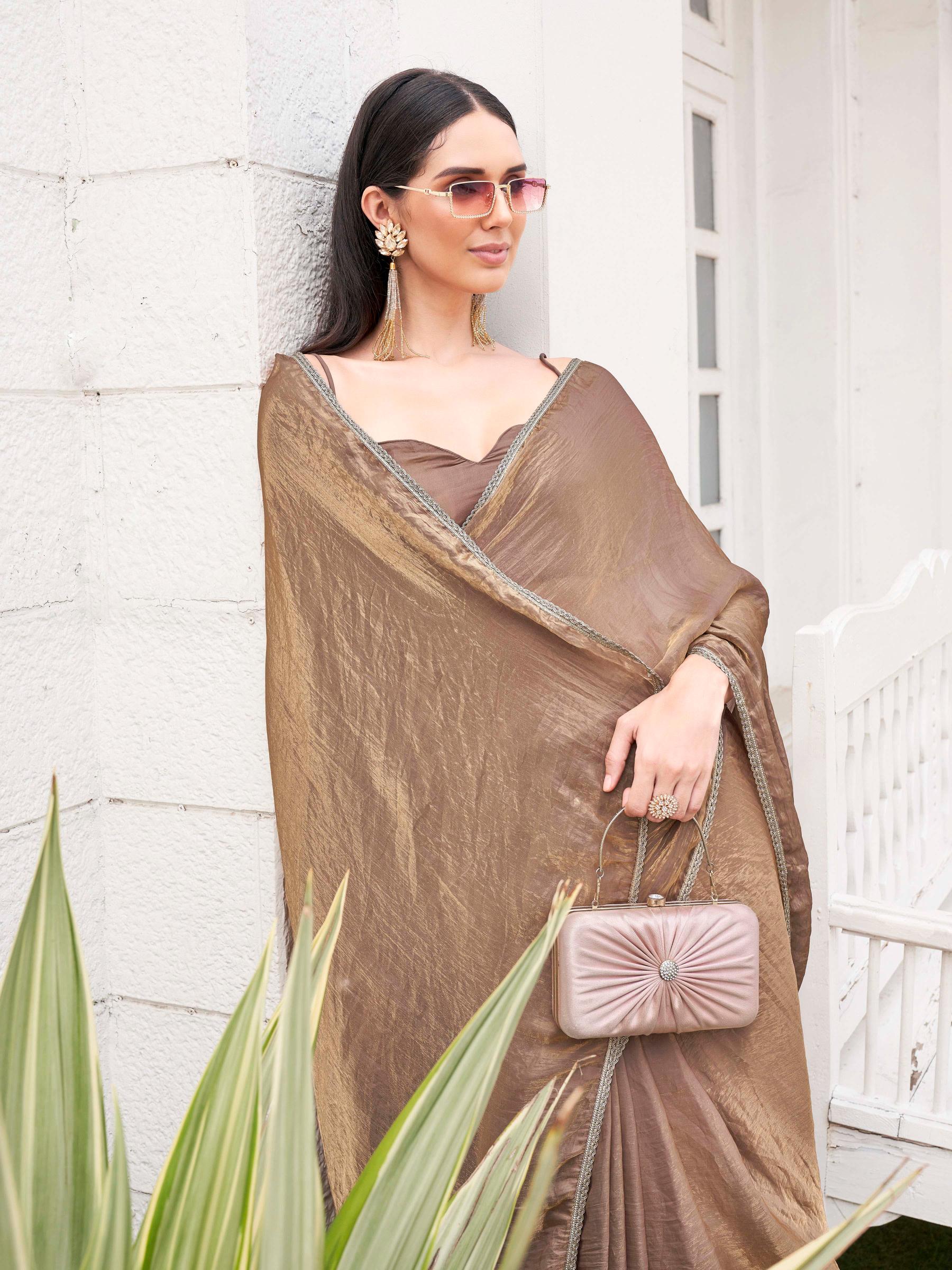 Ready to wear Two tone camel brown and gold colored jimmy choo saree with embellished lace