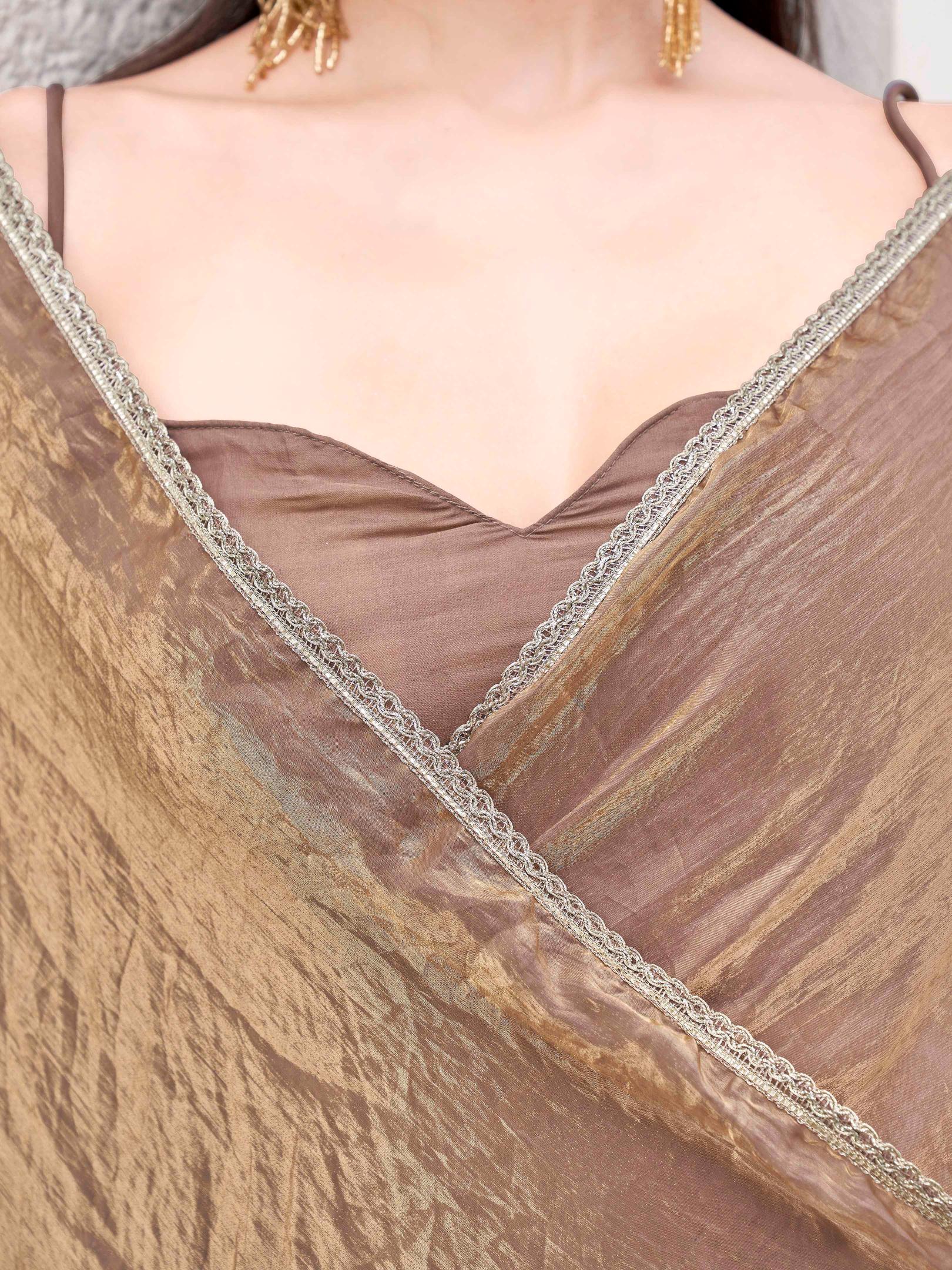 Ready to wear Two tone camel brown and gold colored jimmy choo saree with embellished lace