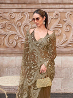 Brown colored embroidered net saree
