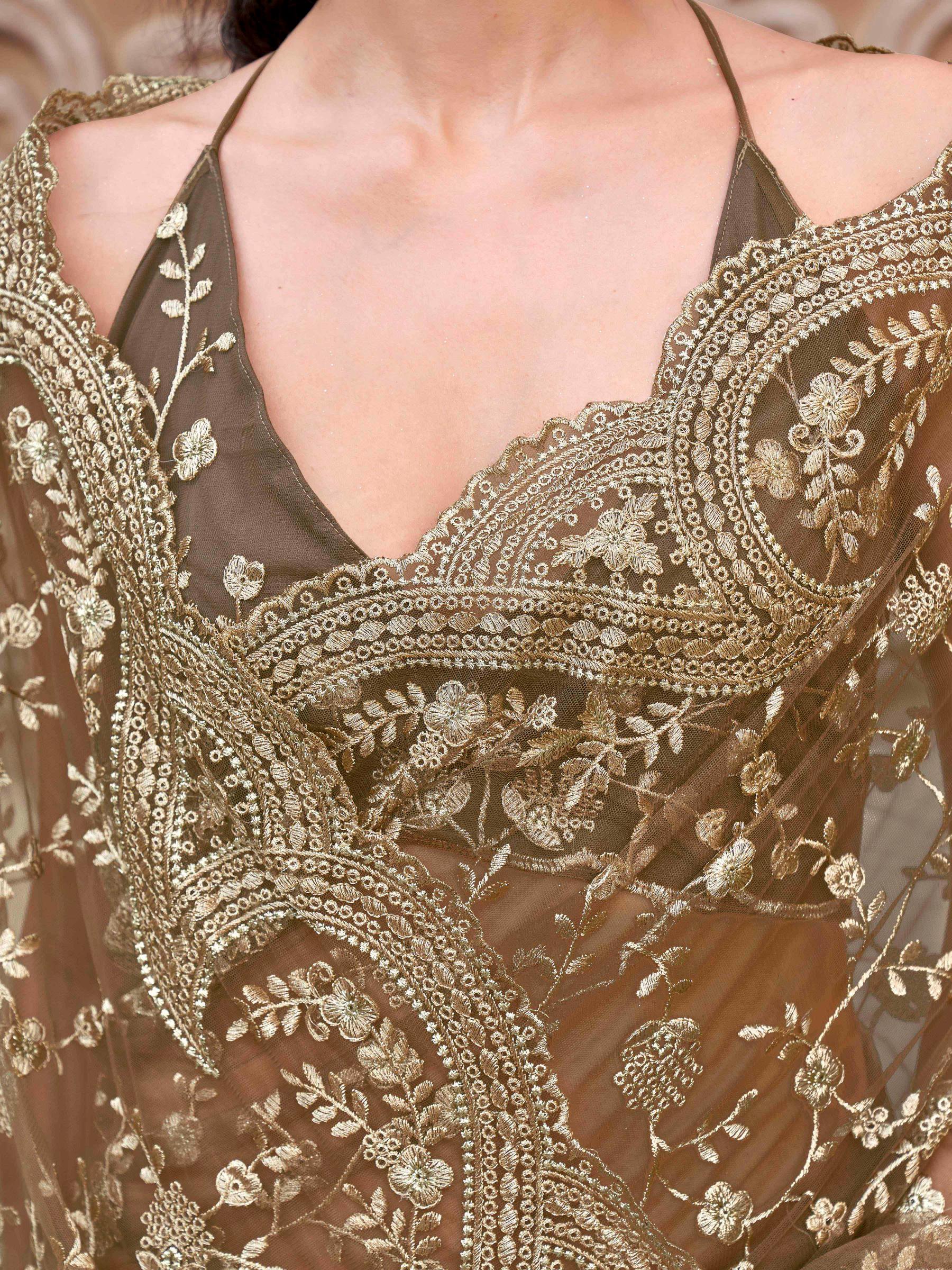 Brown colored embroidered net saree