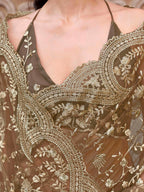 Brown colored embroidered net saree
