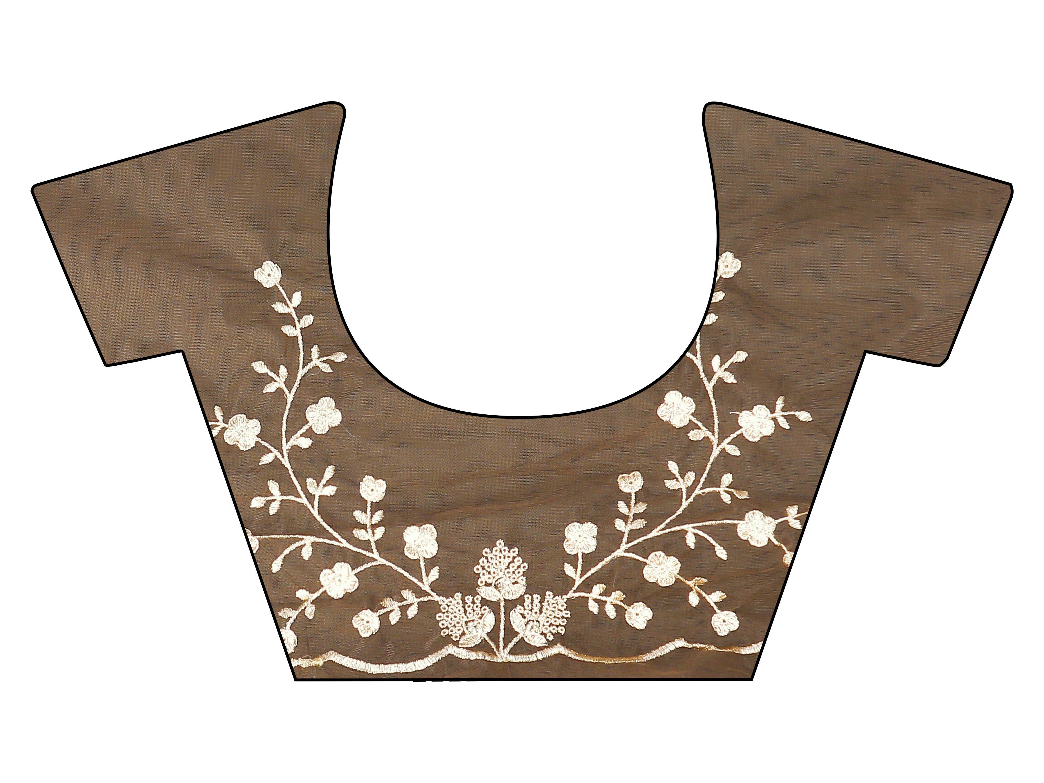 Brown colored embroidered net saree