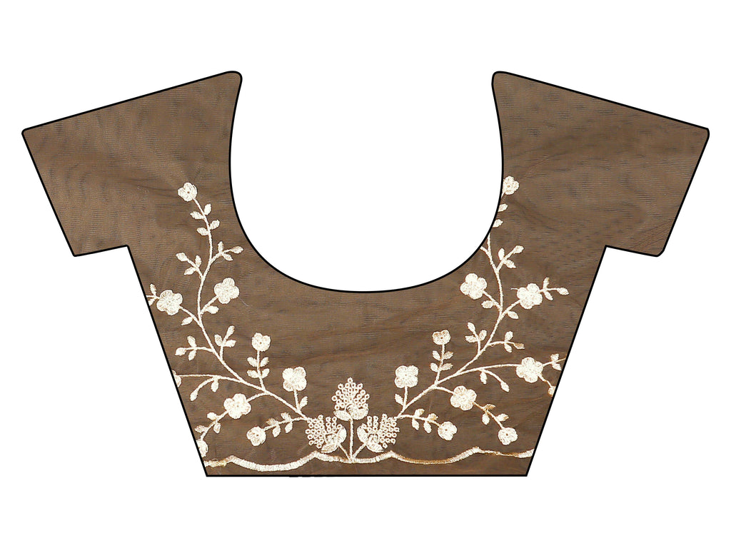 Brown colored embroidered net saree