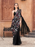 Black colored designer saree with sequence and beads embroidery on shoulder portion