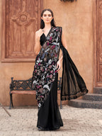 Black colored designer saree with sequence and beads embroidery on shoulder portion
