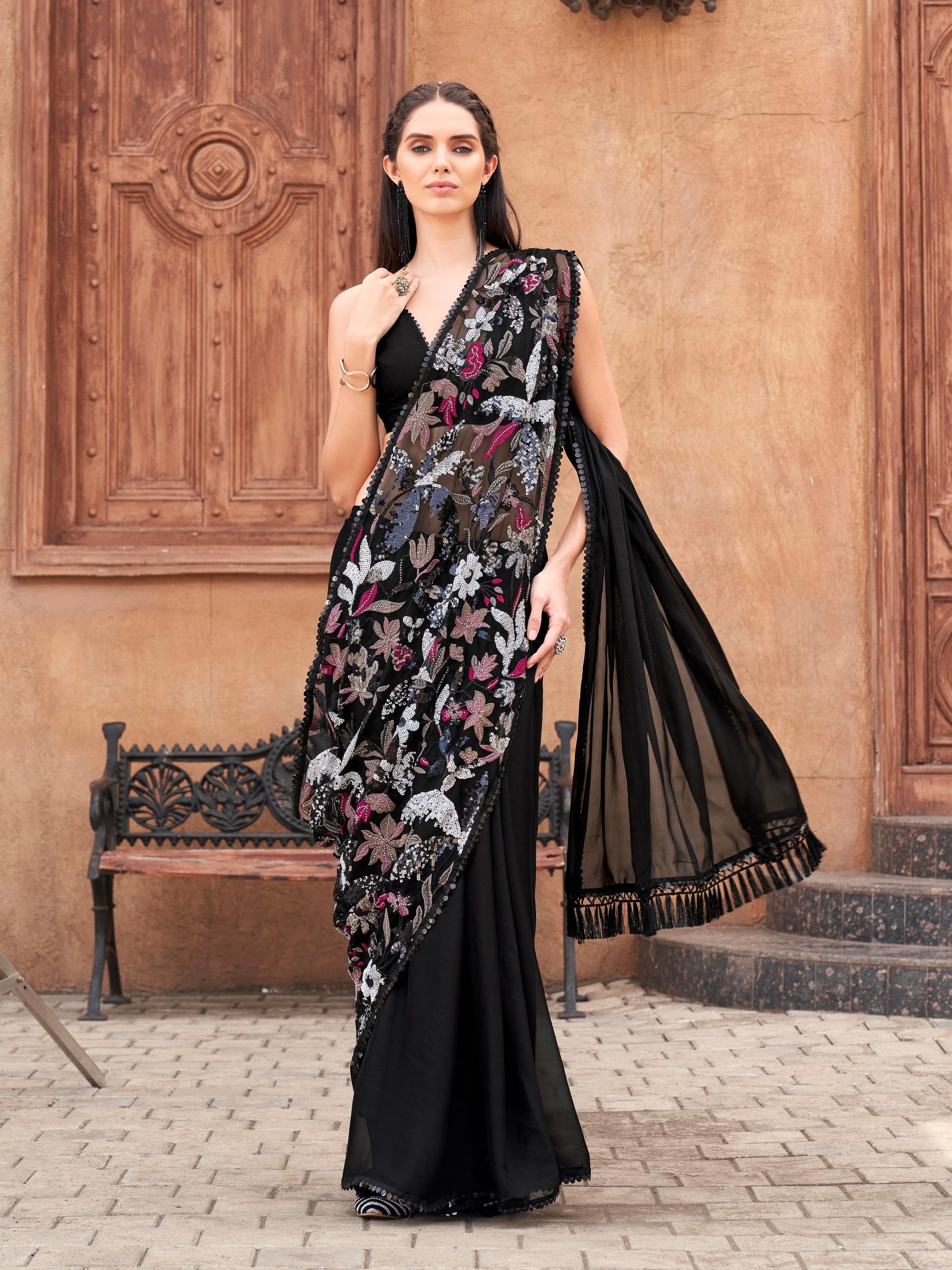 Black colored designer saree with sequence and beads embroidery on shoulder portion