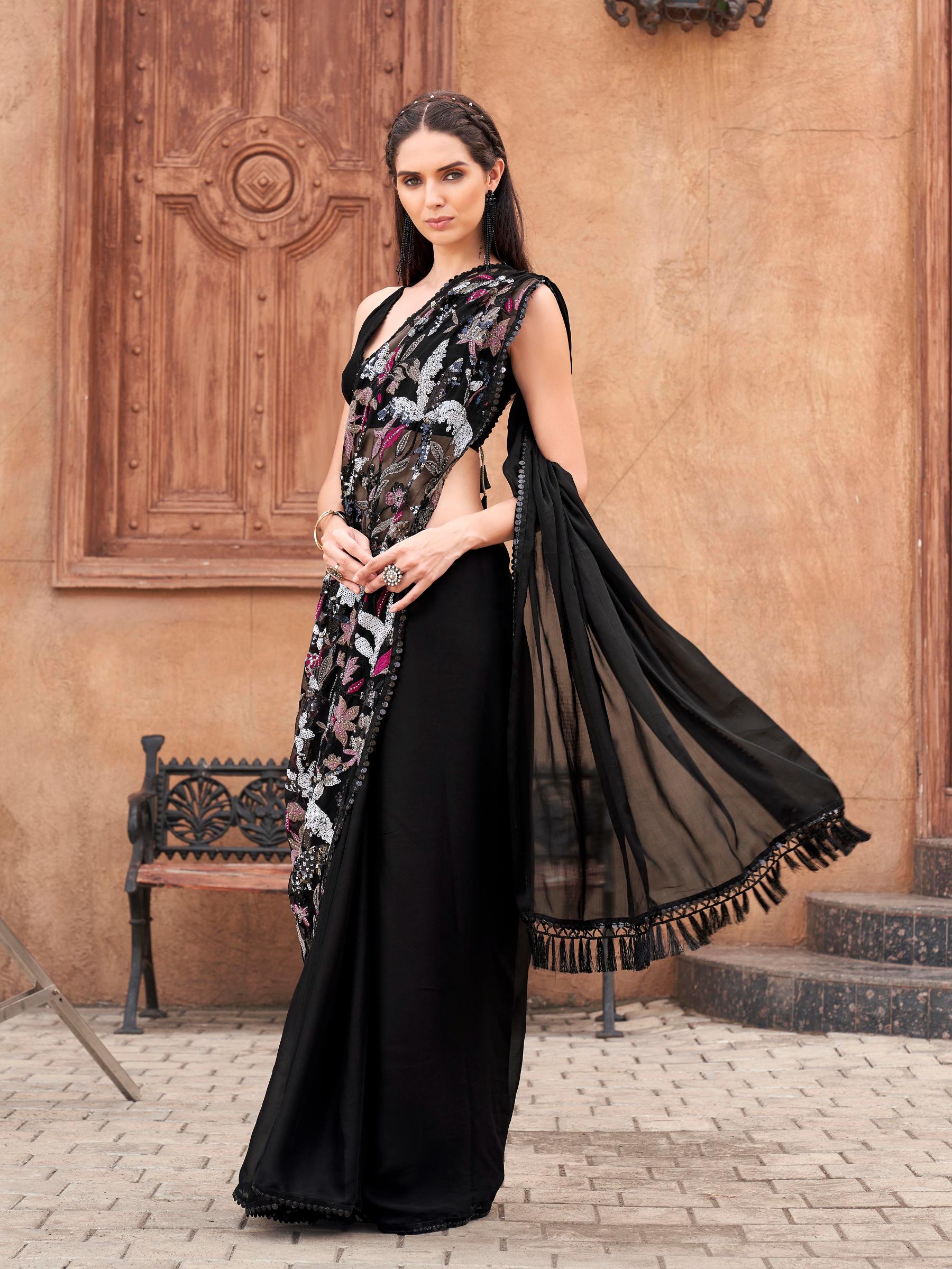 Black colored designer saree with sequence and beads embroidery on shoulder portion