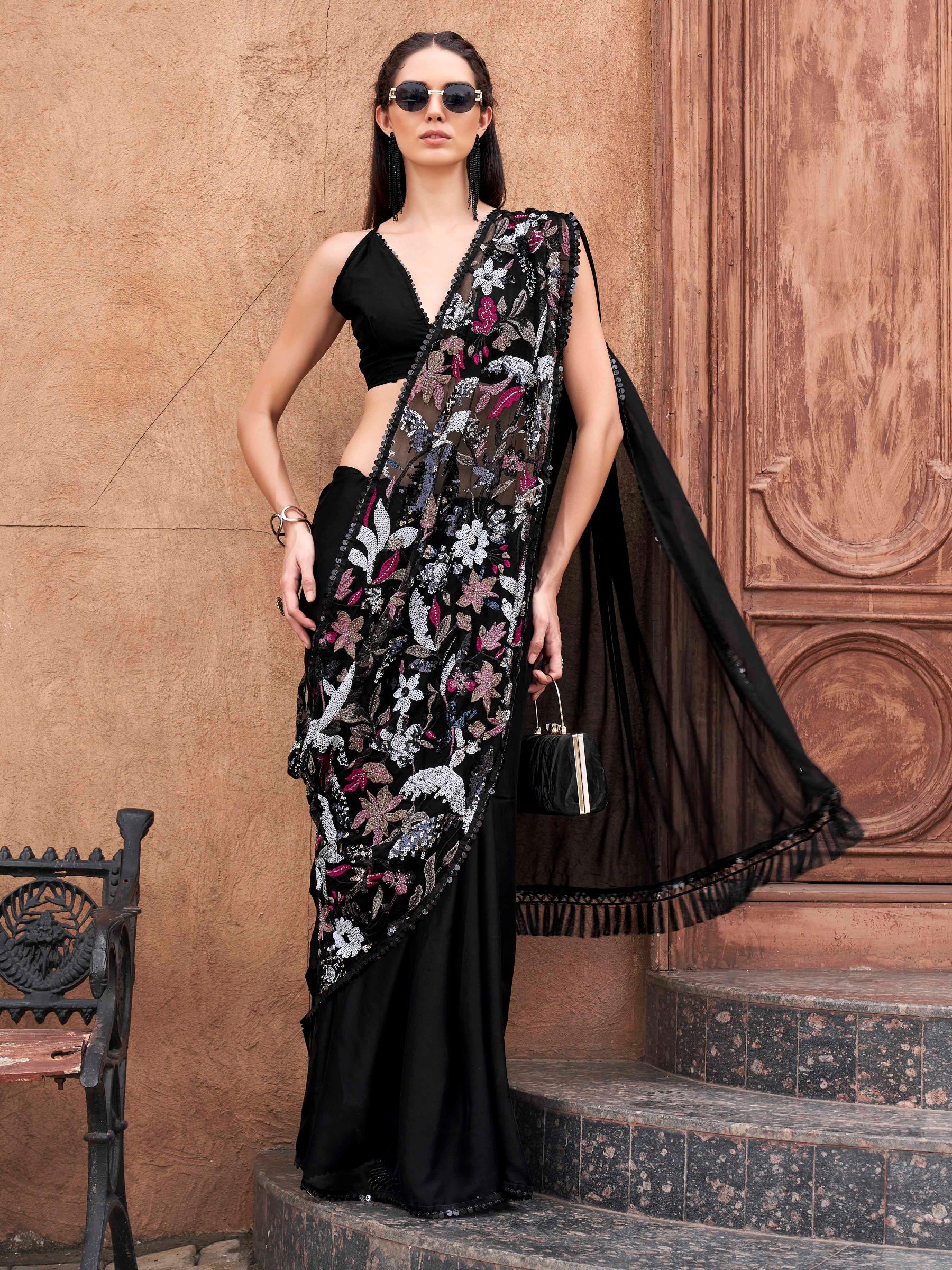 Black colored designer saree with sequence and beads embroidery on shoulder portion